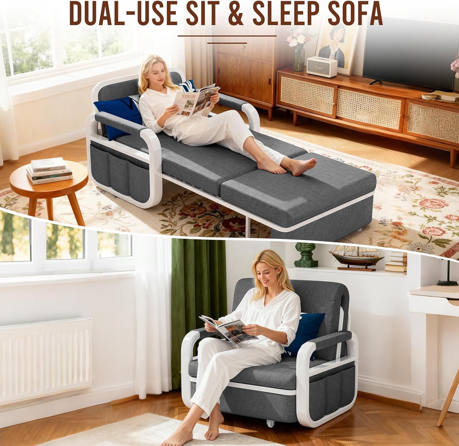 42.5" Pull Out Sofa Bed, 3 in 1 Convertible Sleeper Sofa, Single Loveseat Couch Bed with Storage, Trundle and 2 Pillows for Living Room, Bedroom, Dorm, Office, RV (Charcoal Gray)