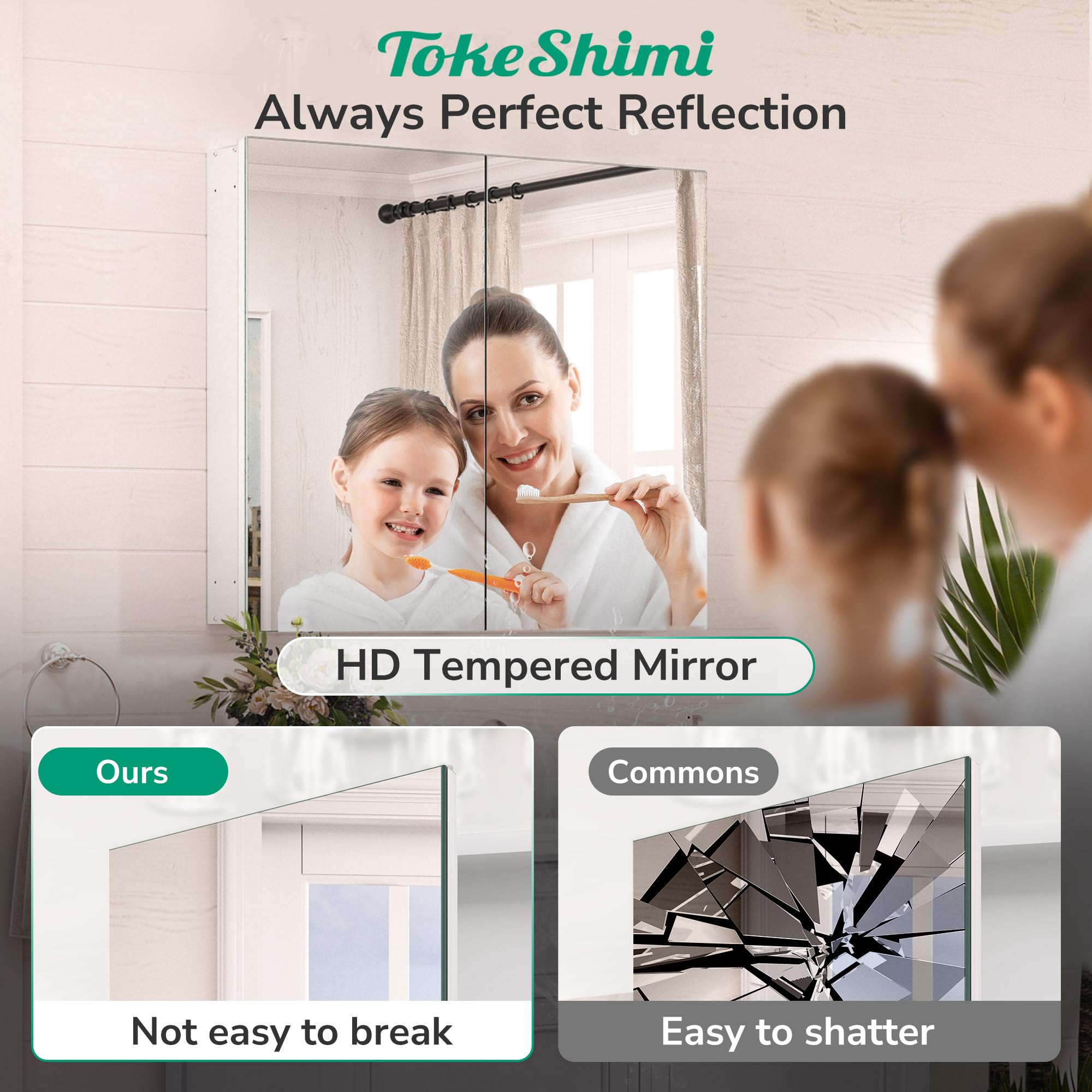 TokeShimi Botiquín de 24 x 32 pulgadas con espejo empotrado o montaje en pared, botiquín de baño de aluminio templado blanco con espejo con almacenamiento ajustable continuo de metal para casa de