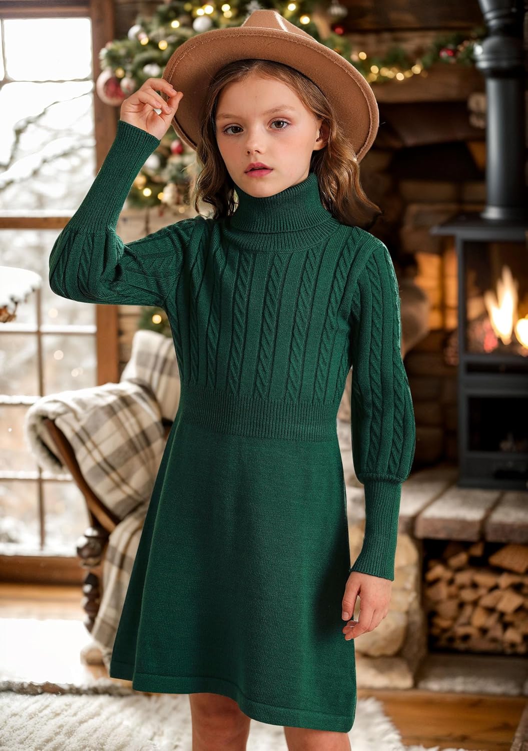 BesserBay Girls Winter Long Sleeve Sweater Dress Turtleneck Cable Knitted Pullover Midi Dress 6-14 Years - Image 2