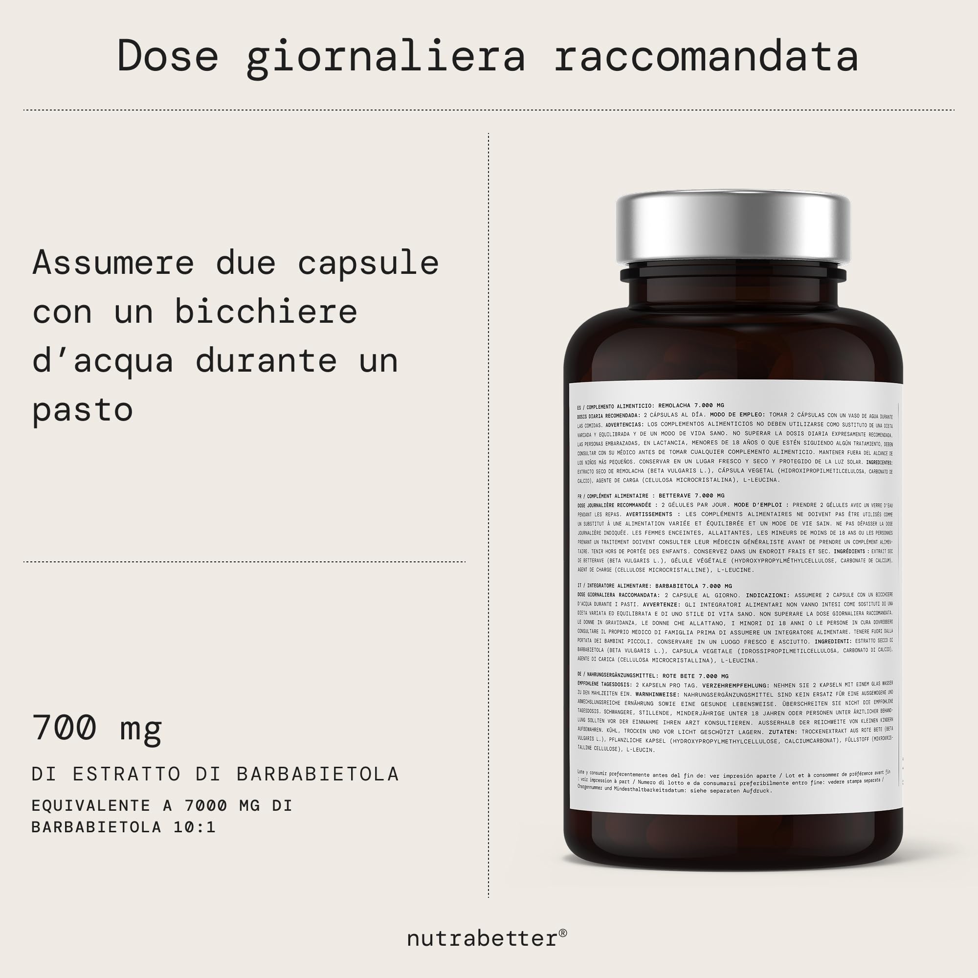 Barbabietola 7000 mg | 200 Capsule Vegane | Estratto di Barbabietola Rossa Integratore | Beetrot Potenziatore Naturale di Ossido Nitrico per Energia | Prodotto in Spagna | nutrabetter®