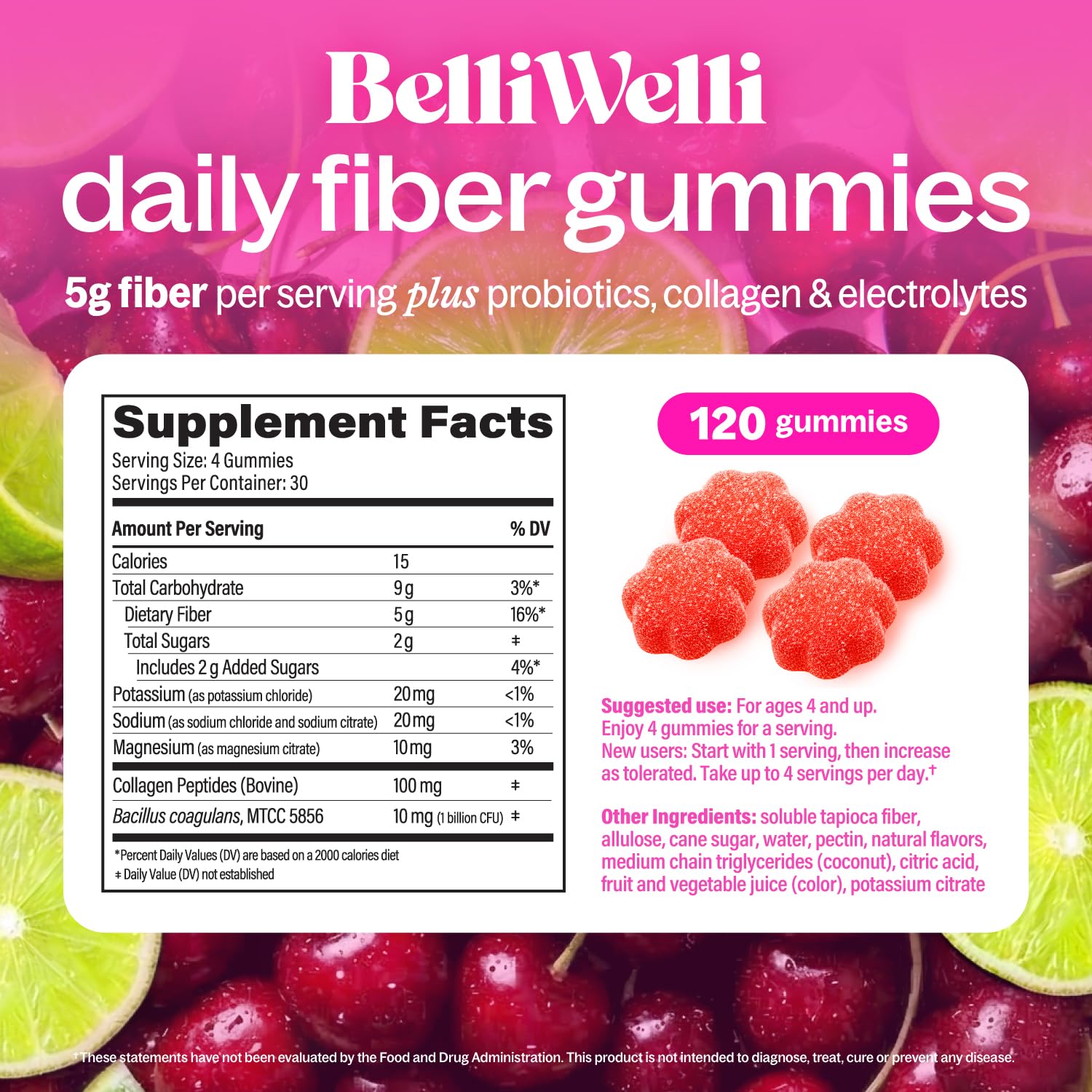 Belli Welli Fiber Gummies for GLP-1 Support - Cherry Limeade - Tapioca Prebiotic Fiber Gummy - Digestive Health & Regularity for Women, Men, Kids - 120CT — Amazon image 6