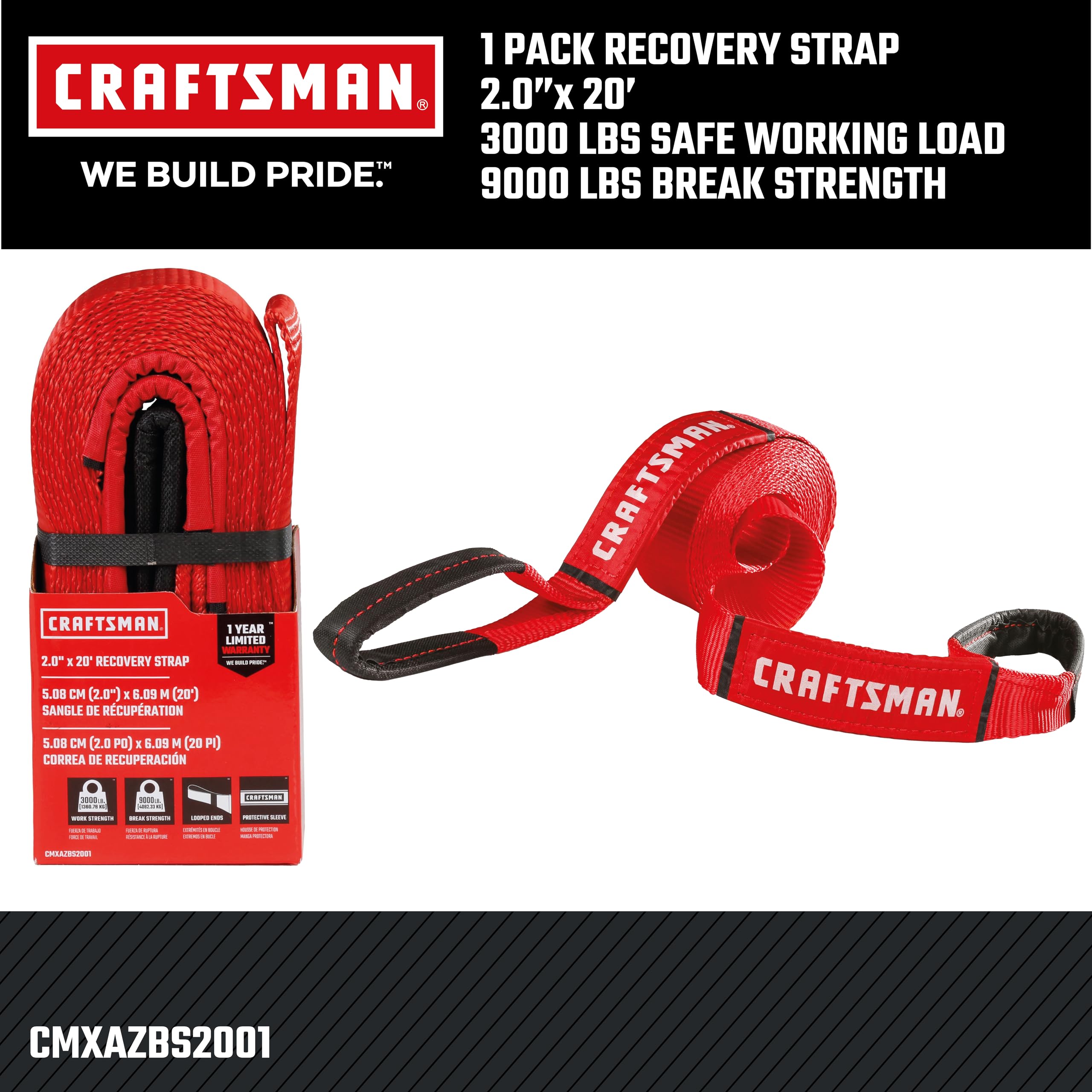 CRAFTSMAN CMXAZBS2001 Abschleppgurt mit Schlaufenenden, 5,1 cm x 5,1 m, 1,4 kg sichere Wortking-Last/4,1 kg Bruchfestigkeit, Schwarz/Rot