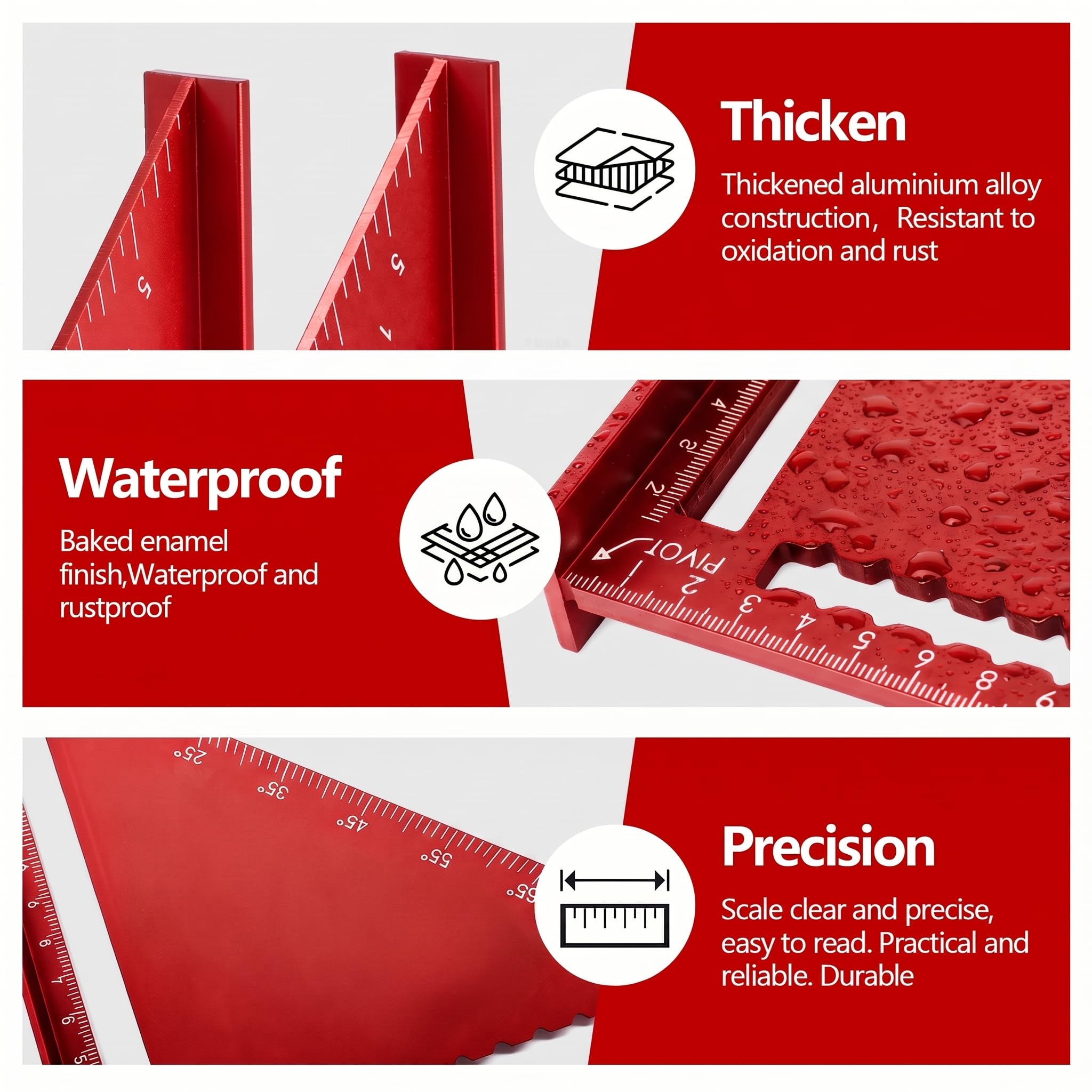 2 juegos de escuadras de carpintero, de 180 mm y 300 mm, transportador de 0-90° con lápiz de construcción, escuadra combinada de aleación de aluminio para bricolaje, carpintería y mejoras del hogar