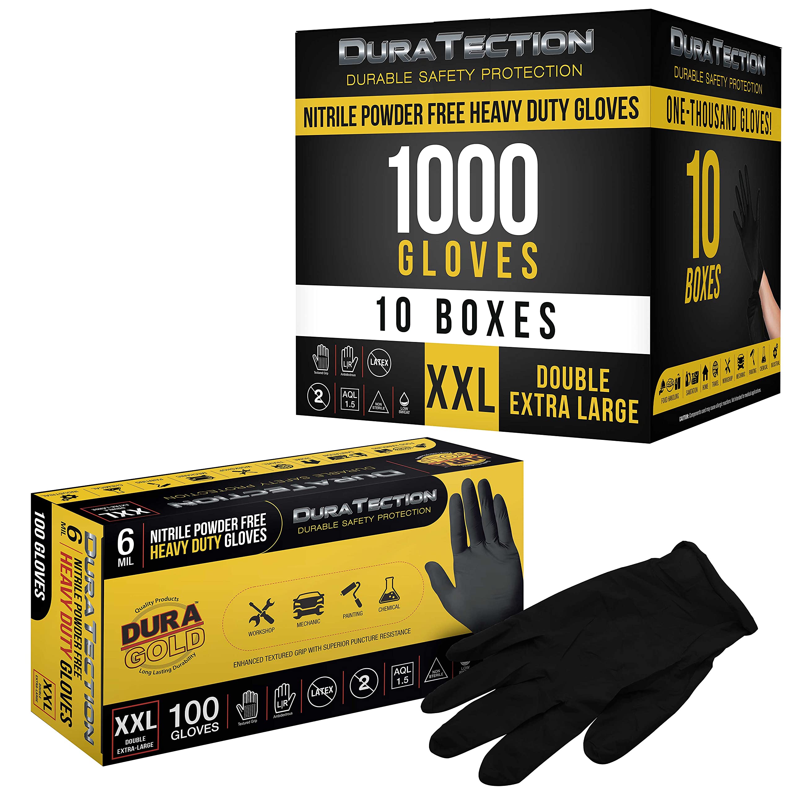 Dura-Gold Guantes desechables de nitrilo negro HD, 10 cajas de 100, tamaño XL, 6 mil, sin látex, sin polvo, agarre texturizado