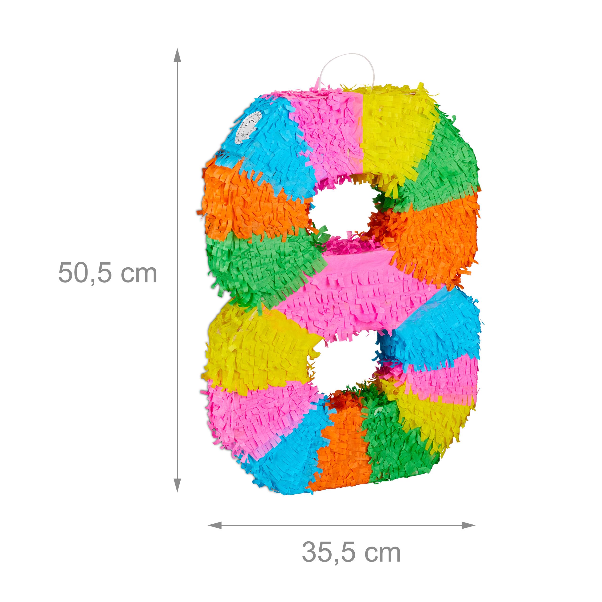 Relaxdays Piñata Arcobaleno Numero 8 per Compleanni, HLP 50,5x35,5x7,5 cm, Colorata