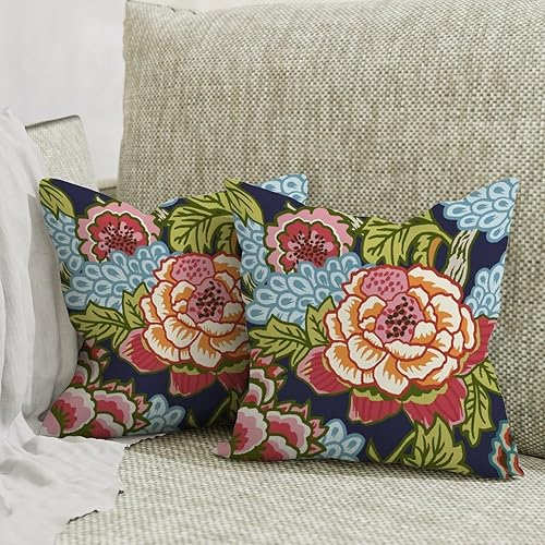 Miniatura 5 de Juego de 2 fundas de cojín con diseño floral de peonía roja y coral, diseño cuadrado de flores chinoiserie, almohada decorativa de doble cara para