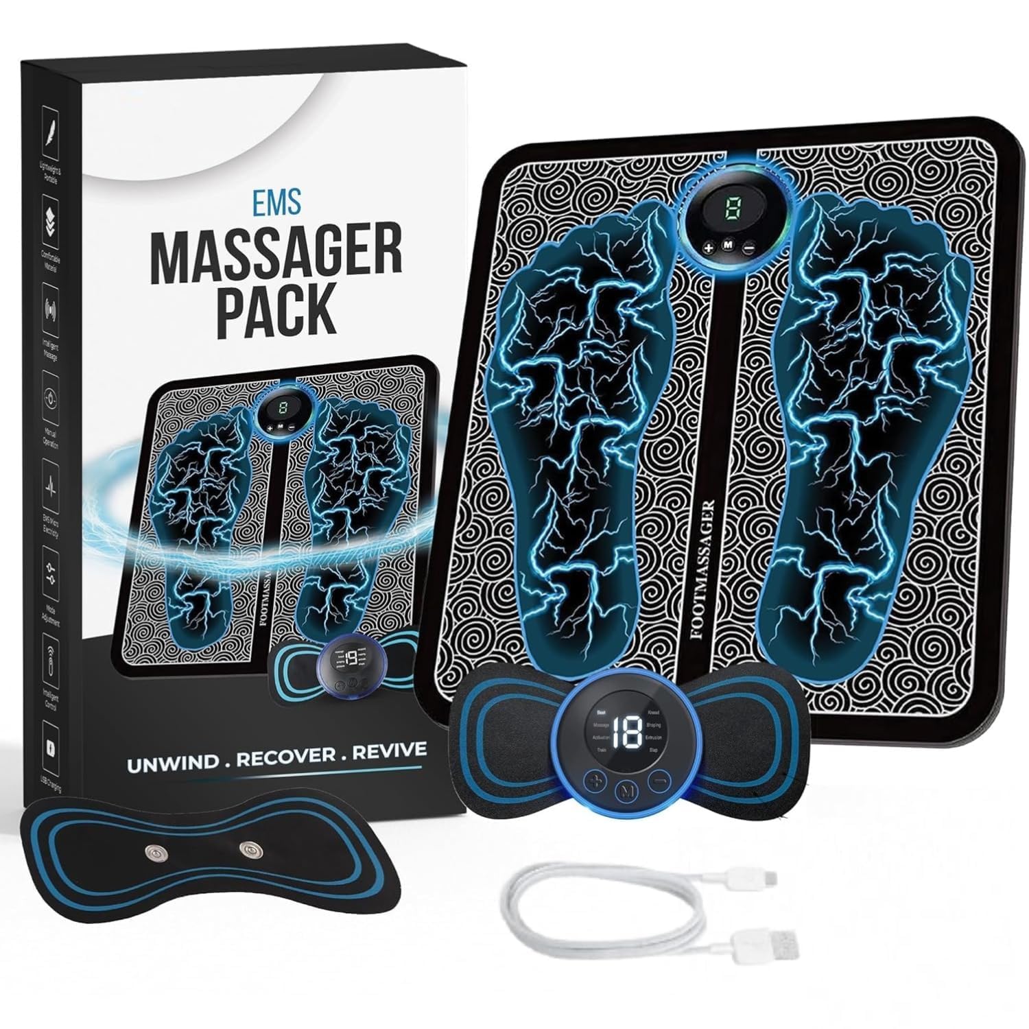 (Combo) Foot Massager Pain Relief Wireless Electric EMS Massage Machine,Rechargeable Portable Folding Automatic with 8 Mode19 Intensity for Legs,Body,Hand Therapy New Model-2026 (Medium)