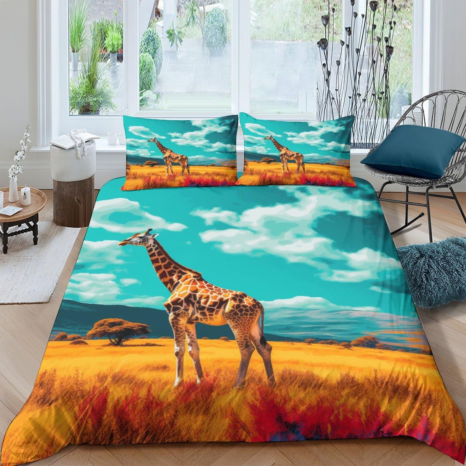 Parure de lit enfant fermeture éclair anti-glissement housse de couette girafe 200x200cm