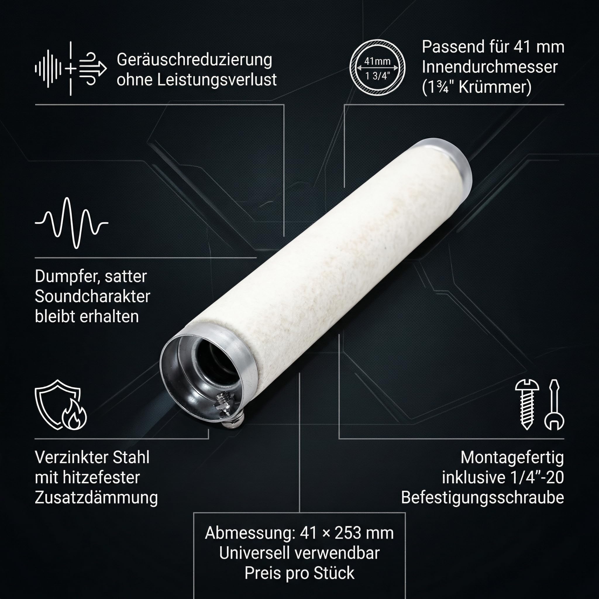 Schalldämpfer Einsatz DB Killer 41 x 253 mm Performance Baffle für 1 3 4 Zoll Krümmer Motorrad Auspuff Schalldämpfereinsatz mit Dämmung verzinkter Stahl montagefertig universell verwendbar