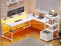Vista 1 de SEDETA White L Shaped Desk with Fabric Drawer, Reversible 51” Corner Desk with Storage Shelves, L Shaped Gaming Table with LED Strip, Power Outlet