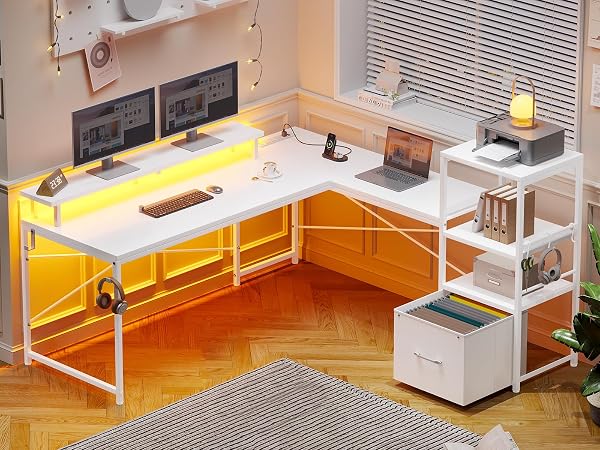 SEDETA L Shaped Desk, Reversible Home Office Desk with Fabric File Drawer, Corner Gaming Desk with Power Outlets & LED L