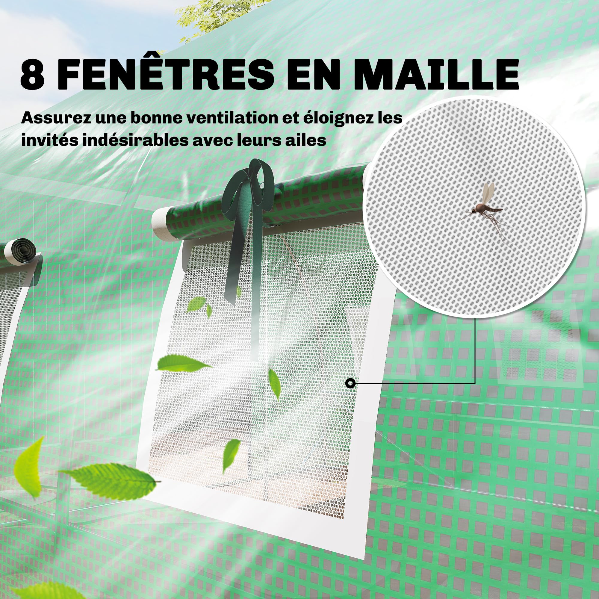 Outsunny Serre Tunnel de Jardin 12m², Serre de Jardin Tunnel 295x400x200cm avec Cadre en Acier galvanisé, 2 Portes et 8 fenêtres avec moustiquaires pour extérieur bâche PE Haute densité 140 g/m² Vert