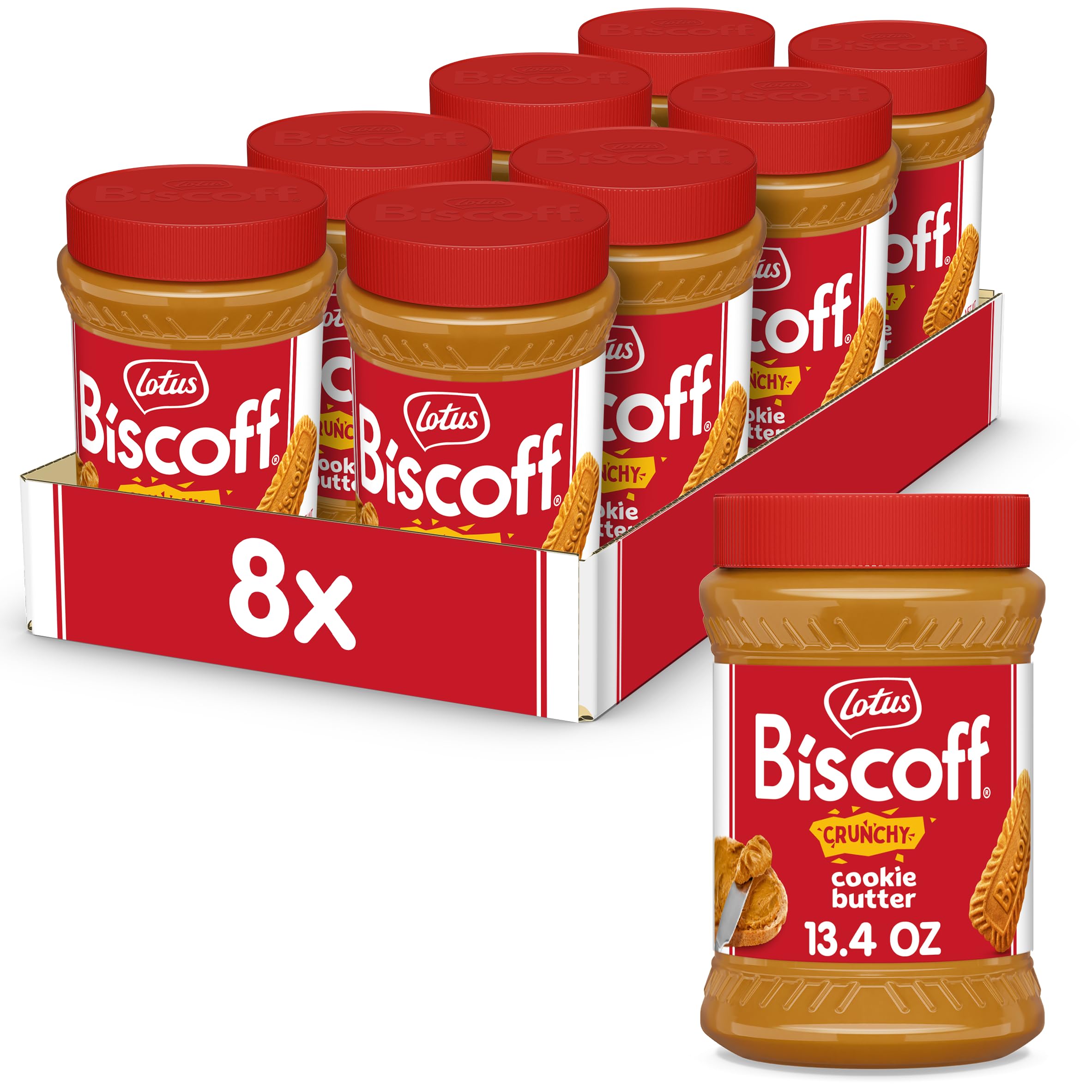 Lotus Biscoff, CRUNCHY Cookie Butter Spread, non GMO + Vegan, 13.4 Oz Jar (Pack of 8)