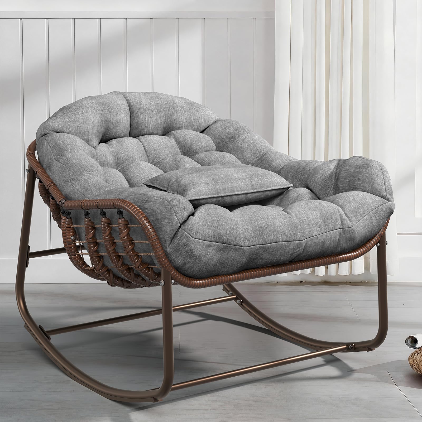 Papasan Schaukelstuhl Übergröße für Garten & Balkon – Rattan Ei-Design, Dicke Polsterung, Metallrahmen – Bequemer Outdoor & Indoor Lounge Sessel für Terrasse, Wohnzimmer, Schlafzimmer –
