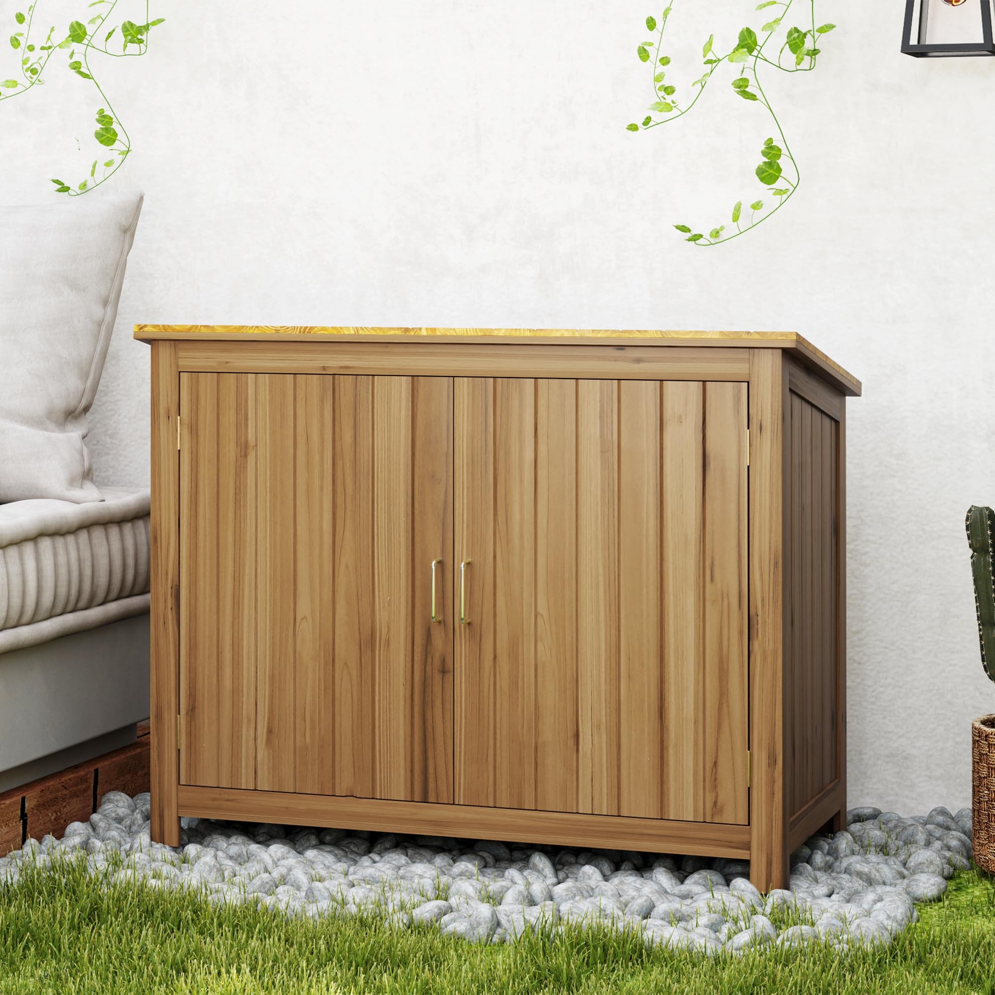 Outsunny Casetta da Giardino con 2 Ante, 2 Scaffali, Tetto Inclinato e Base Sollevata Armadio da Giardino in Legno di Abete per Terrazza e Giardino 110x50x85 cm Marrone