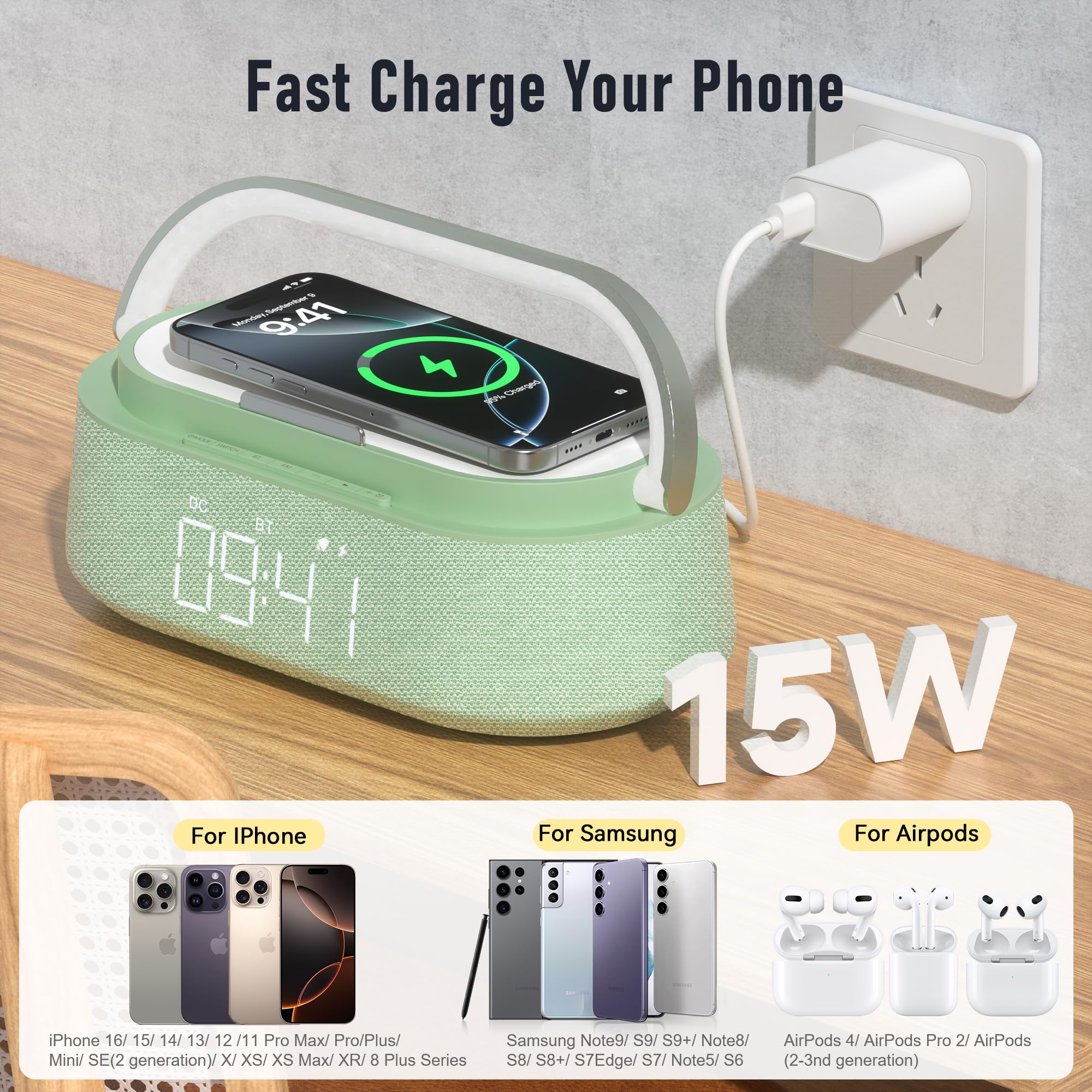 FREEFISH Sveglia con altoparlante Bluetooth con caricabatterie wireless veloce da 15 W, radio FM, luce notturna a LED, orologio di ricarica wireless per camere da letto, ufficio, casa, regali