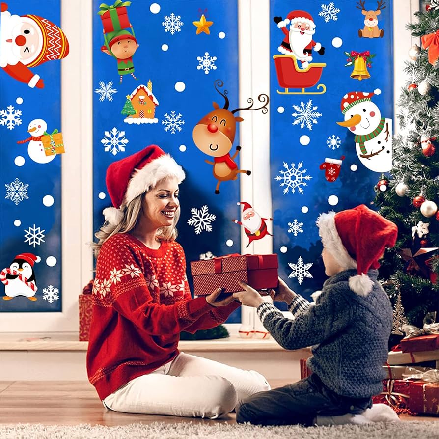 Auony 4 Fogli Adesivi Natalizi Per Finestre – 113 Pezzi Con Babbo Natale, Renne, Fiocchi Di Neve, Decorazioni Removibili