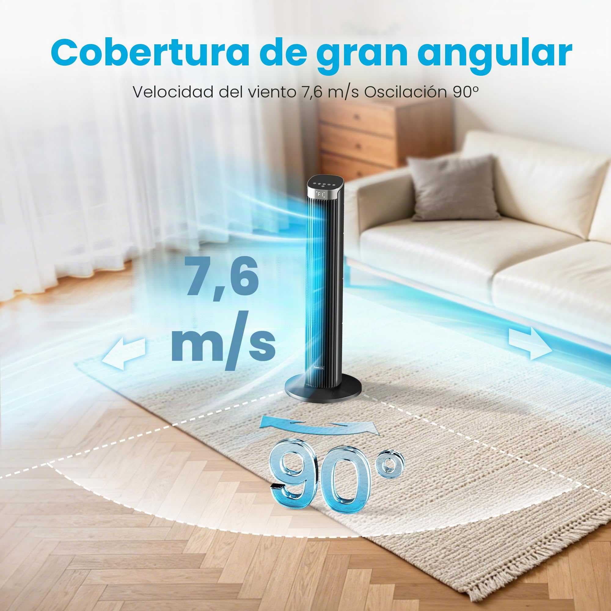 Ventilador de Columna Silencioso 23 dB, 91,4 cm, Ventilador de Pie Inteligente con Oscilación 90°, 4 Velocidades y 4 Modos, Temporizador 12H, para Dormitorio, Negro – 1 pack + 4 modos