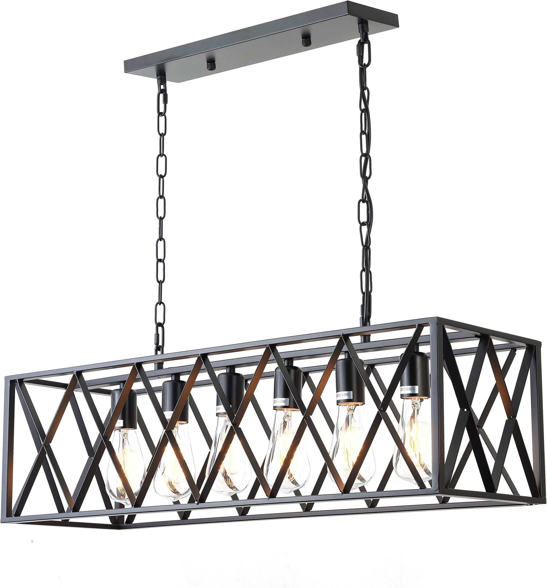 6-Light Industrial Kitchen Island Lighting with E26 Sockets, Rectangular Vintage Pendant Light, Farmhouse Hanging Ceiling Light Fixture 360W Max(No Bulb Included) (Black XX(6))