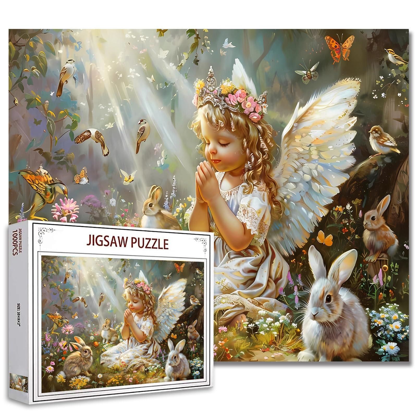 Tucocoo Prayerful Angel Jigsaw Puzzle 1000 Pieces Puzzles for Adults, Bunnies Birds Faith Art Jigsaw Puzzles for Challenging Family Activity Games Colorful DIY Handwork Puzzle for Home Decor Gifts