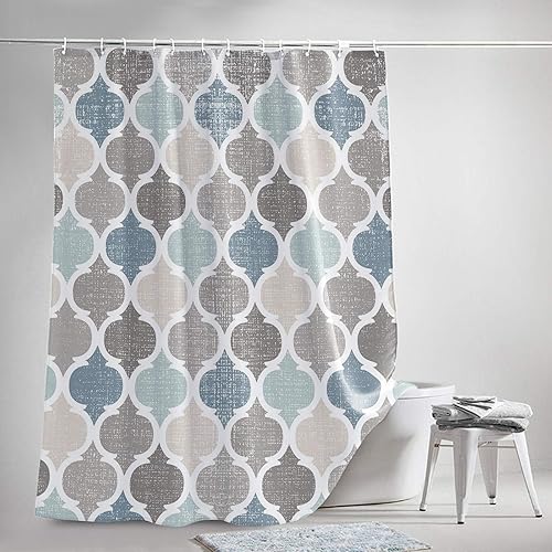 Miniatura 5 de Cortina de ducha impermeable de tela de poliéster con ganchos, diseño geométrico marroquí azul retro, cortinas de ducha de privacidad para baño,