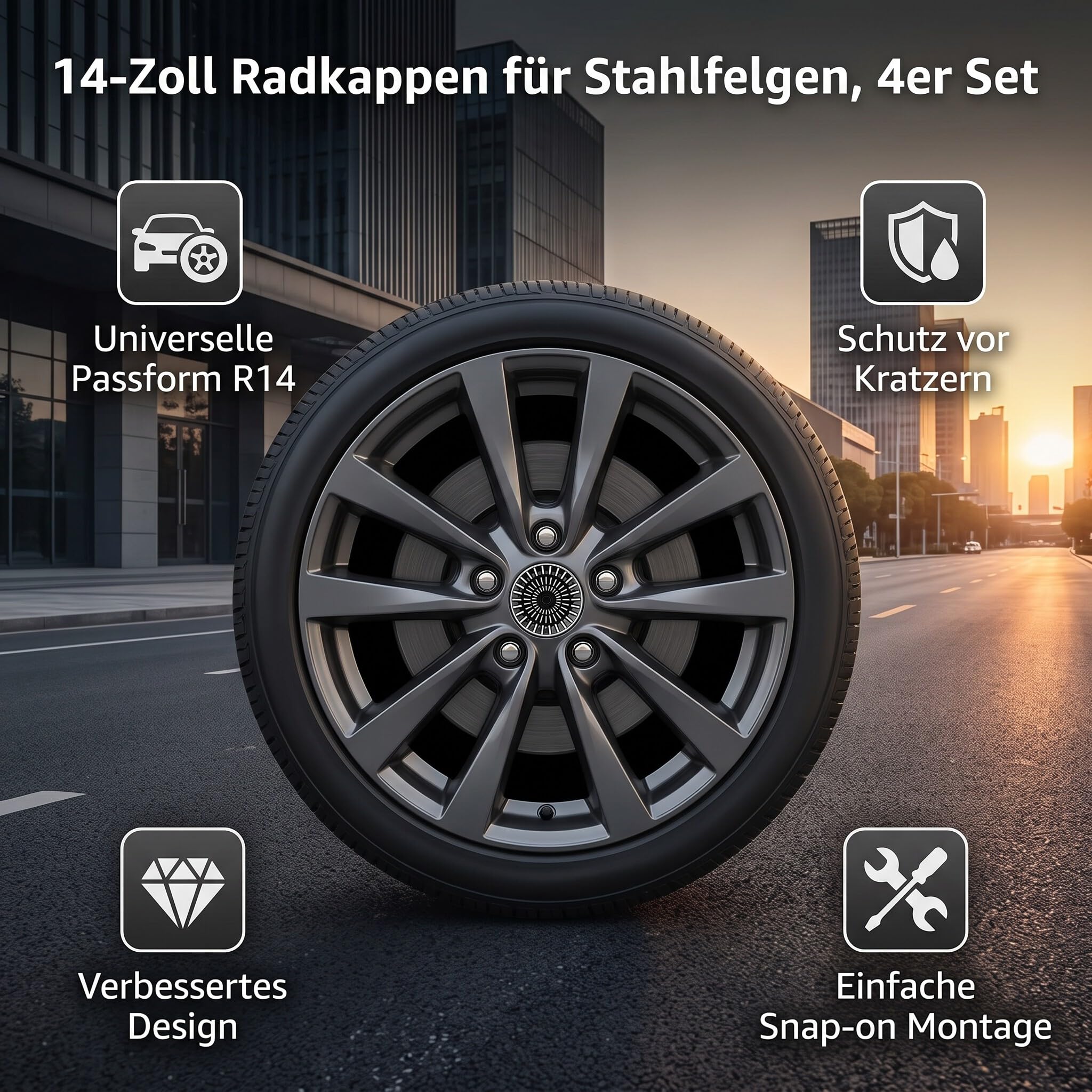 14 Pouces Enjoliveurs de Roues, Kit de 4 Enjoliveurs Universels R14 pour Voitures, Camions, SUV, Jantes en Aluminium, Jantes en Acier, Enjoliveurs de Roue Noirs