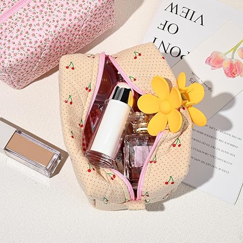 Miniatura 2 de SOIDRAM Bolsa de cosméticos linda coqueta hinchada bolsa de maquillaje estética grande bolsa de aseo de viaje, CEREZA PEQUEÑA, Bolsa de maquillaje