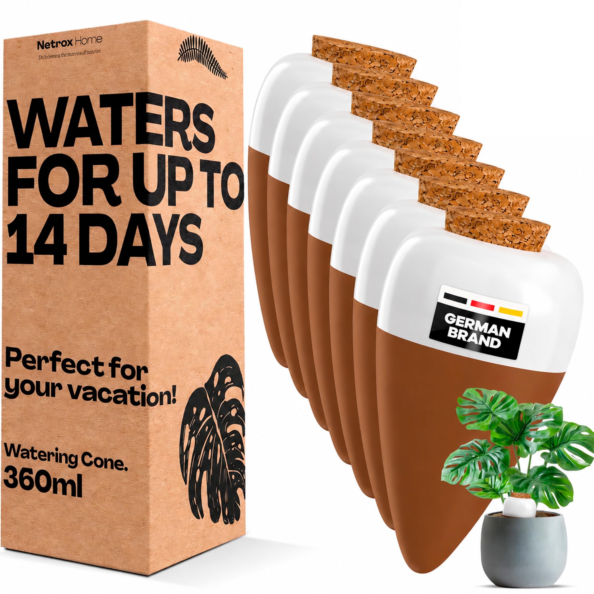 Netrox Cône d'irrigation en argile – 8x 360ml – idéal en vacances, jusqu'à 14 jours – arrosage automatique pour plantes d'intérieur, jardin et balcon – Irrigation, système d'irrigation, distributeur