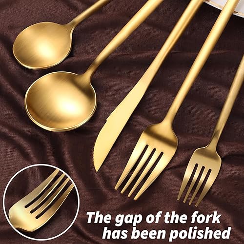 Miniatura 6 de Juego de cubiertos dorados de 20 piezas para 4, cubiertos de acero inoxidable 18/10 con cucharas y tenedores gruesos, cubiertos dorados mate,