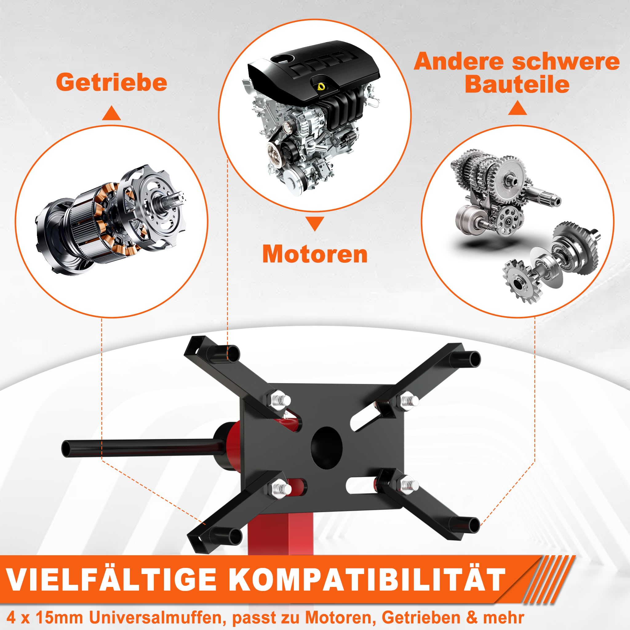 Froadp Motorständer Motorheber, Belastbar bis 680 kg, 360° Drehbar mit Haltearm, Getriebeheber Hydraulisch Stabil, Getriebehalter mit Rollen, Werkstatt Motor Reparaturständer für Auto und LKW, Rot