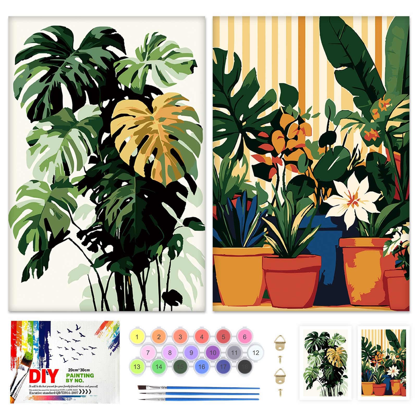 QENSPE 2 Pack Paint by Numbers Kit Plants, Stretched Canvas Boards for Painting for Adults Large Leaves, Wrinkle-Free Acrylic Oil Painting for Students Beginners, Drawing Party Supplies (20x30 cm)