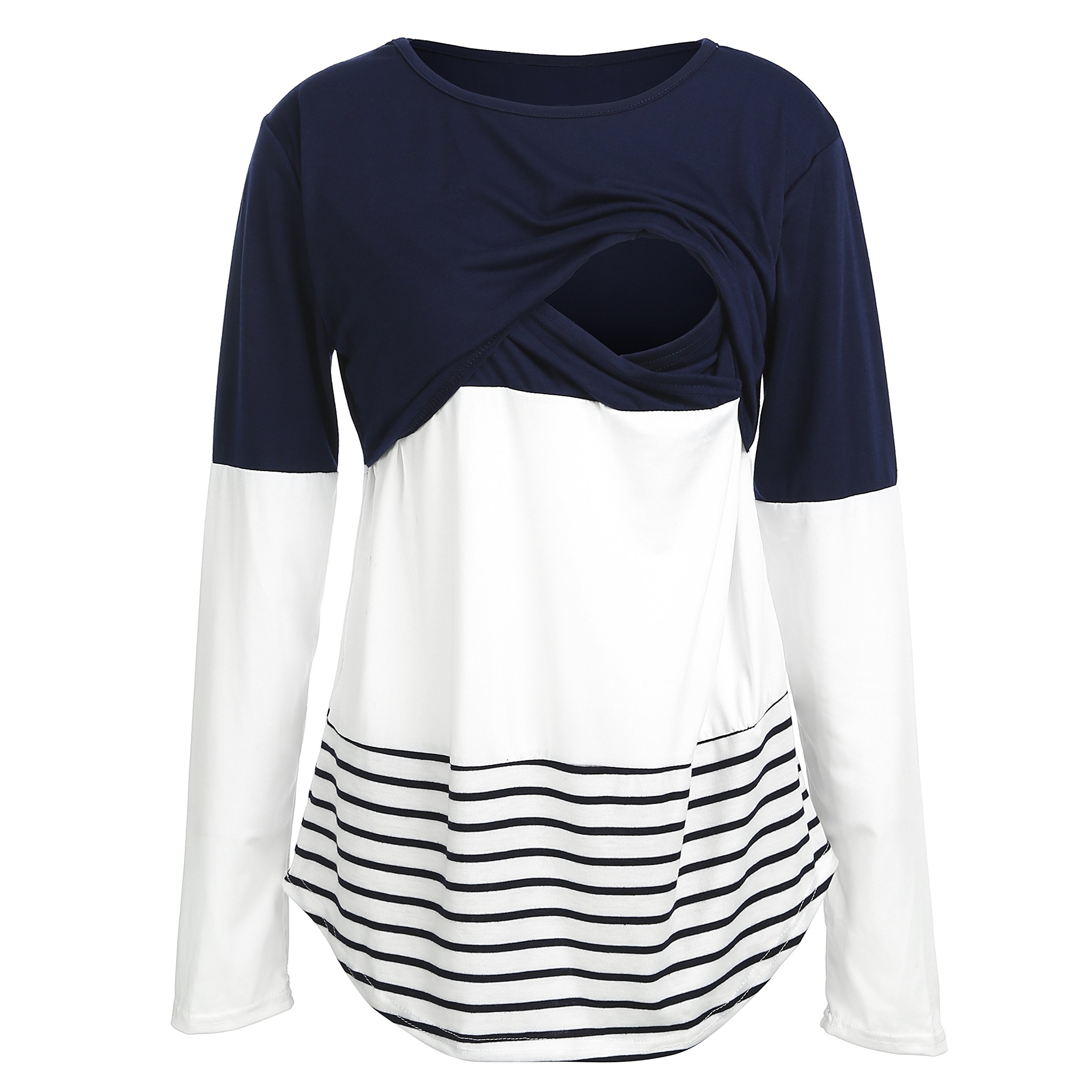 Women Double Layer Striped Print Long Sleeve Maternity Breastfeeding and Nursing Tops