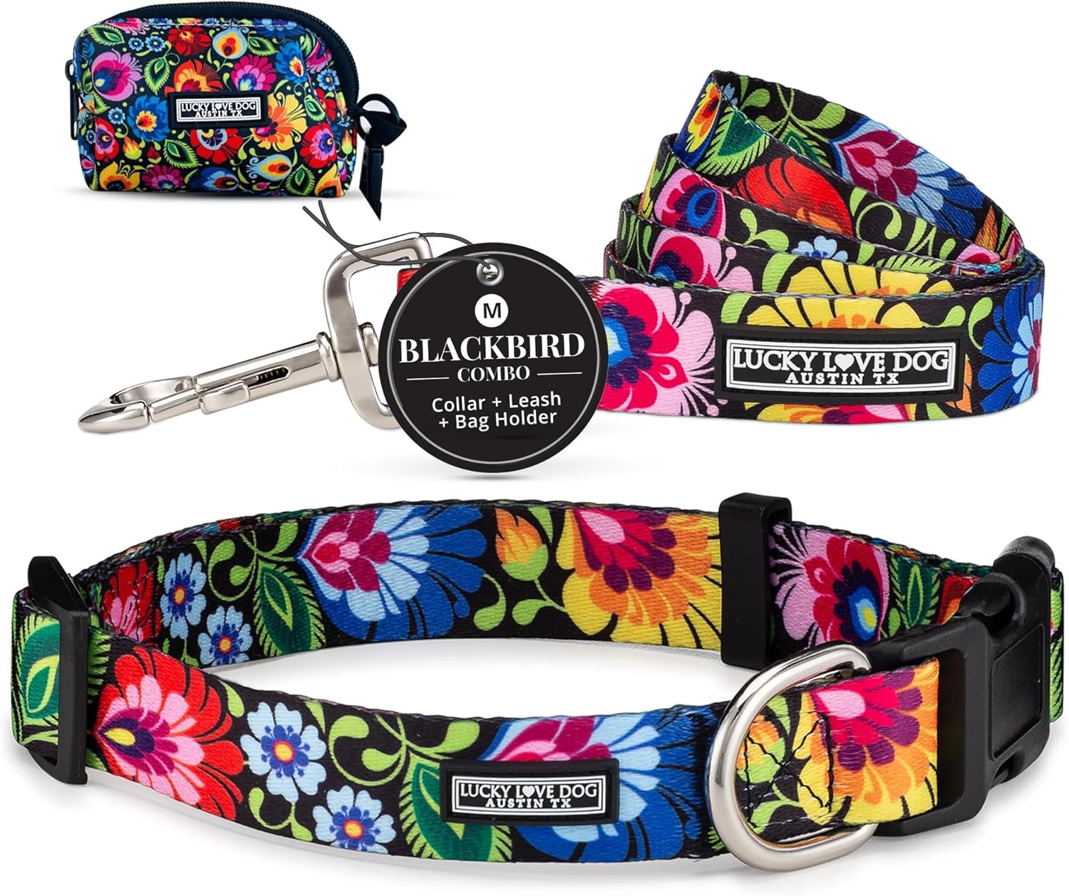 Lucky Love Dog Adjustable Collar, Leash & Waste Bag Holder Floral Set - Comfortable Collar, Easy Click Buckle, Strong & Durable Leash for Small to Large Dogs, Cute Poop Bag Holder - Blackbird, Medium