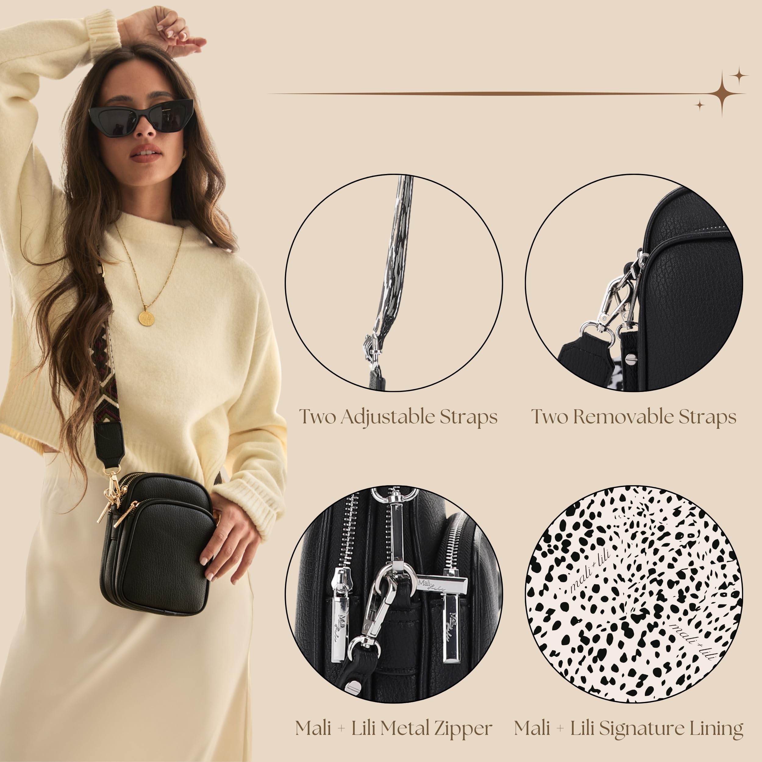 Mali+Lili Small Crossbody Bag for Women, Triple Compartment Shoulder Bag with Double Strap