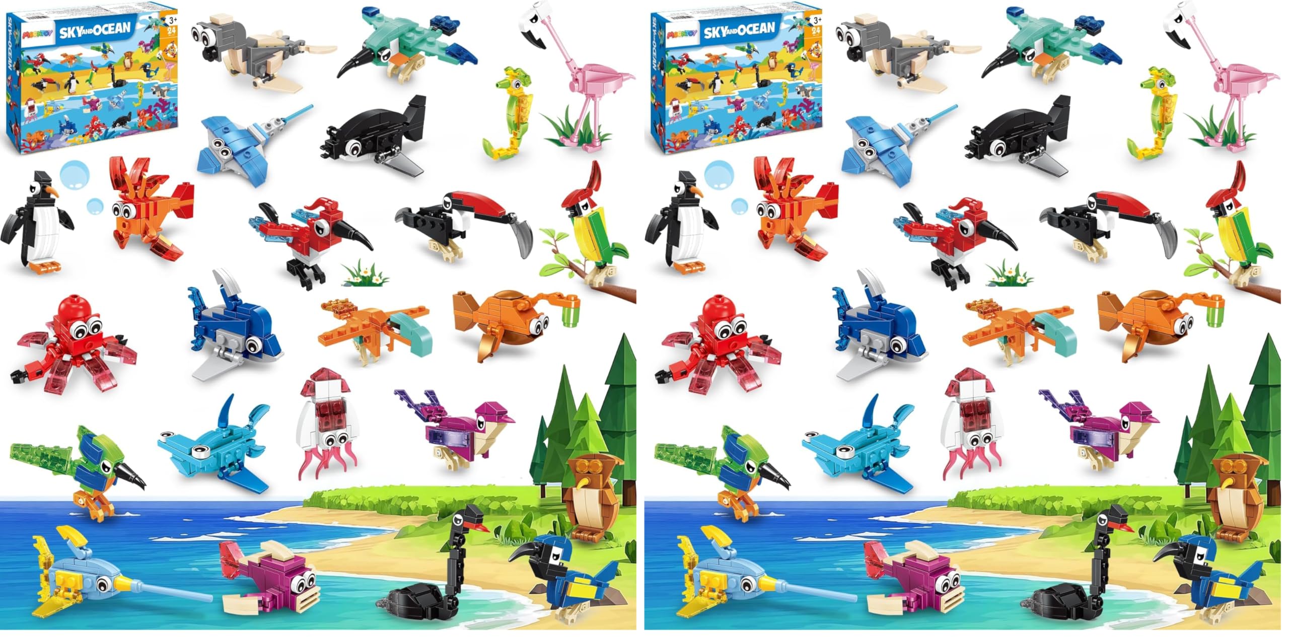 MOONTOY Mitgebsel Kindergeburtstag Gastgeschenke, 24 Stück Mini Bausteine Tiere Konstruktionsspielzeug, 3-in-1 Baustein Spielzeug, OsterGeschenke für Jungen und Mädchen 3–12 (Packung mit 2)