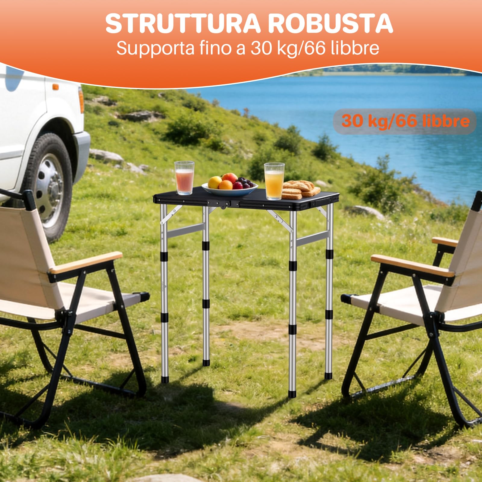 FUNYKICH Tavolo da Campeggio Pieghevole,3 Altezze Regolabili 26/48/70 cm | Tavolo da Picnic 58x40 cm,Plastica Telaio in Lega di Alluminio,Impermeabile,Portatile,per Barbecue/Pesca