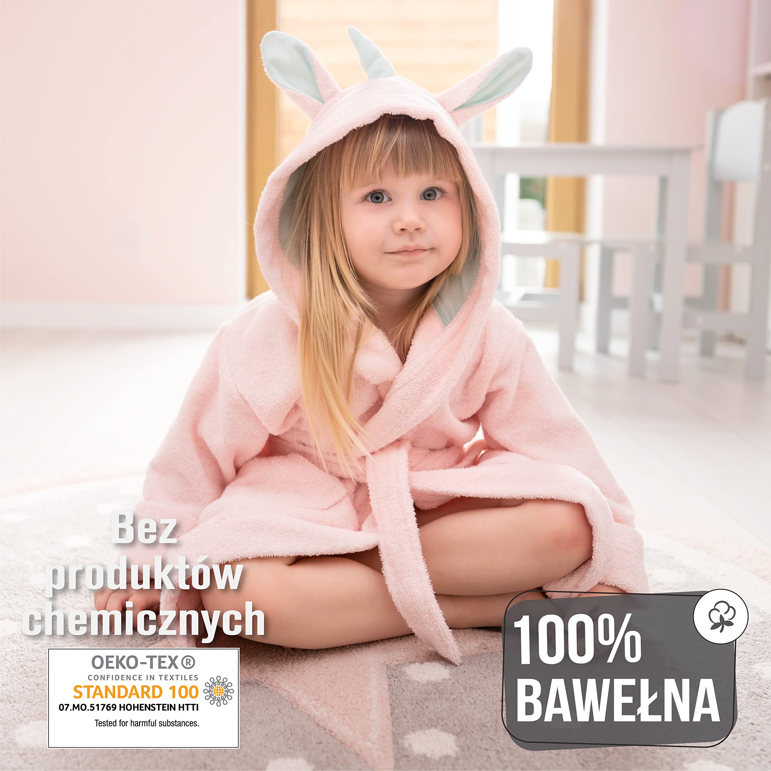 Twinzen Dziecięcy szlafrok kąpielowy z jednorożcem, dla chłopców i dziewczynek, 100% bawełna Öko-Tex®