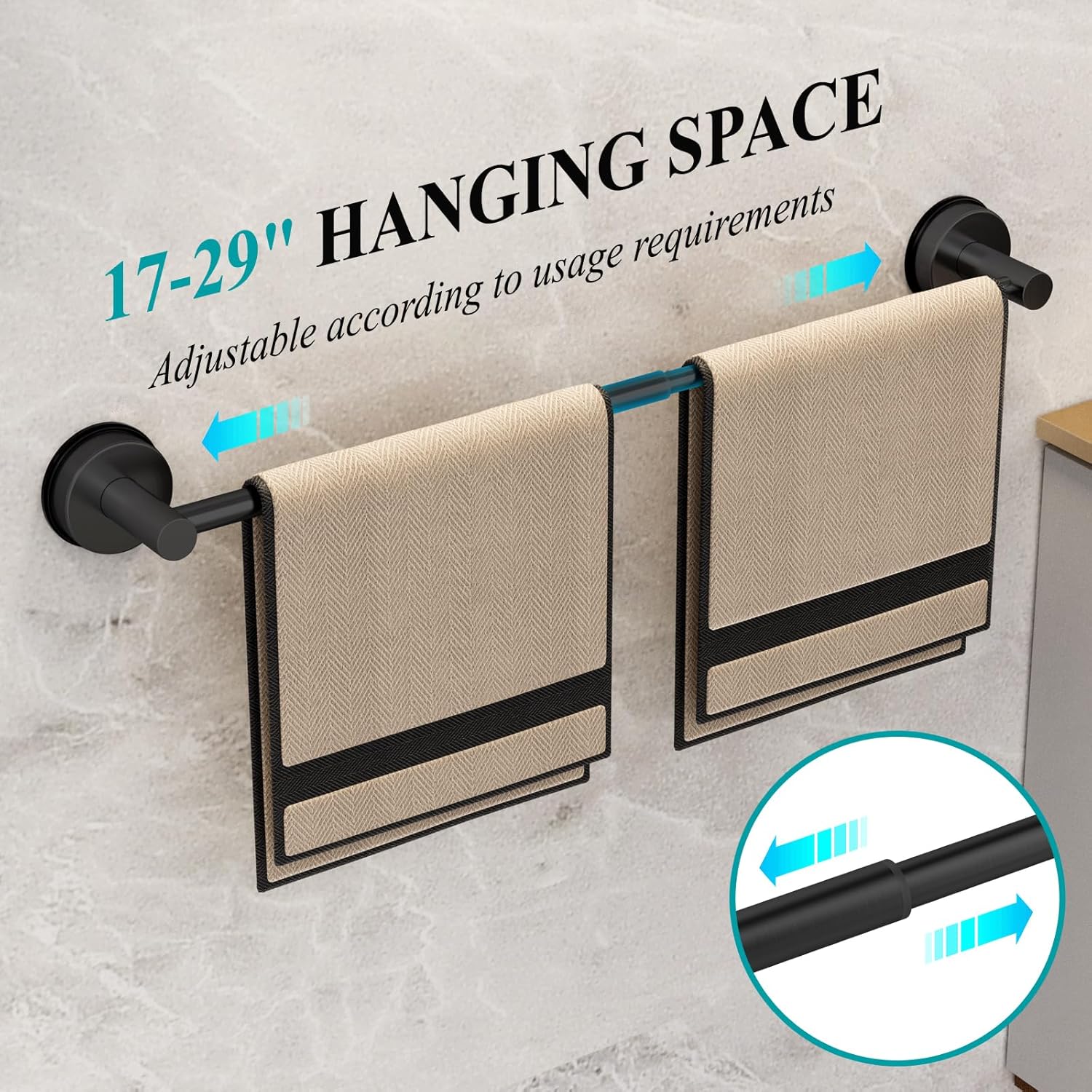 Large Towel Bar for Bathroom Wall,Adjustable 17~29 Inch Towel Racks for Bathroom Wall Mounted,Towel Holder for Glass Shower Door,Bathroom Accessories,Apparment Essentials,Home Decor-Black(2pcs)