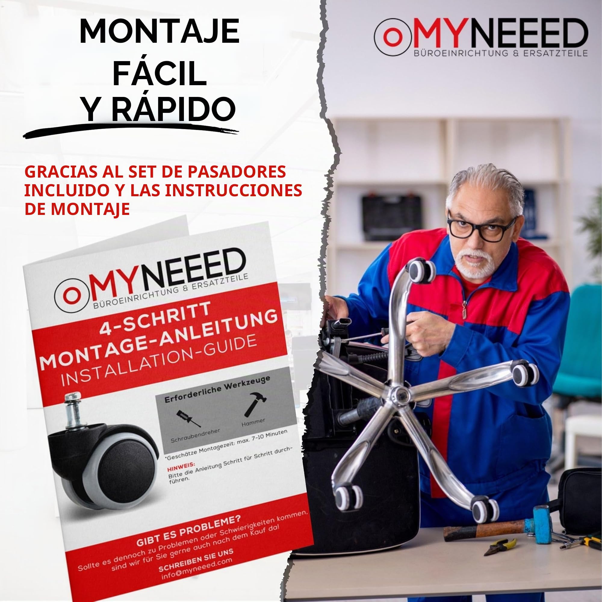 Ruedas Para Suelo Duro de 10mm y 11mm para Silla de Oficina - Silla de seguridad con ruedas sin pasador para laminado, parquet