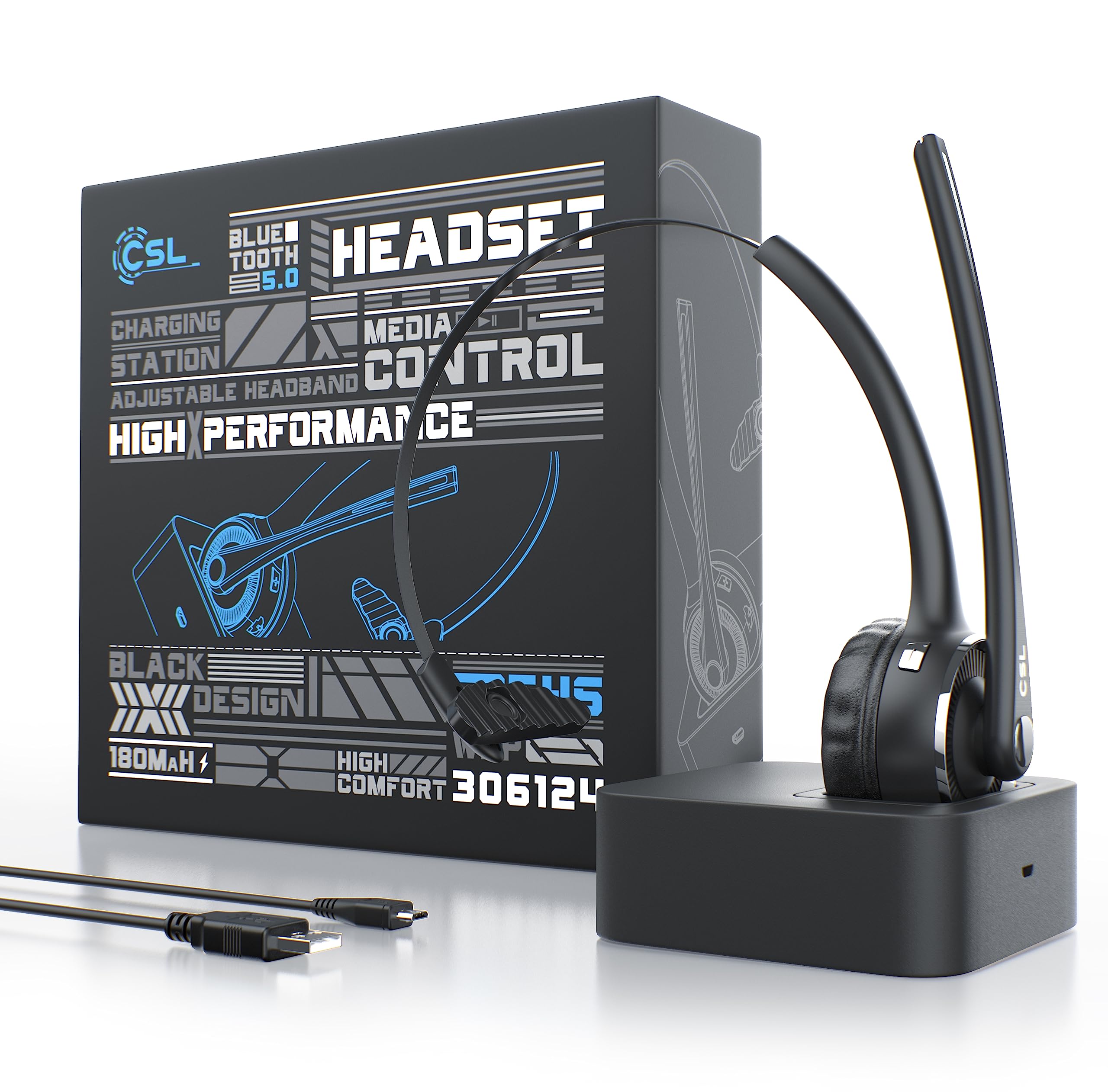 CSL - Headset kabellos mit Ladestation - Bluetooth PC Headset mit flexiblem Mikrofon - Multipoint - kabellos - leicht - freisprechen - für Auto und LKW Computer Call Center Handys