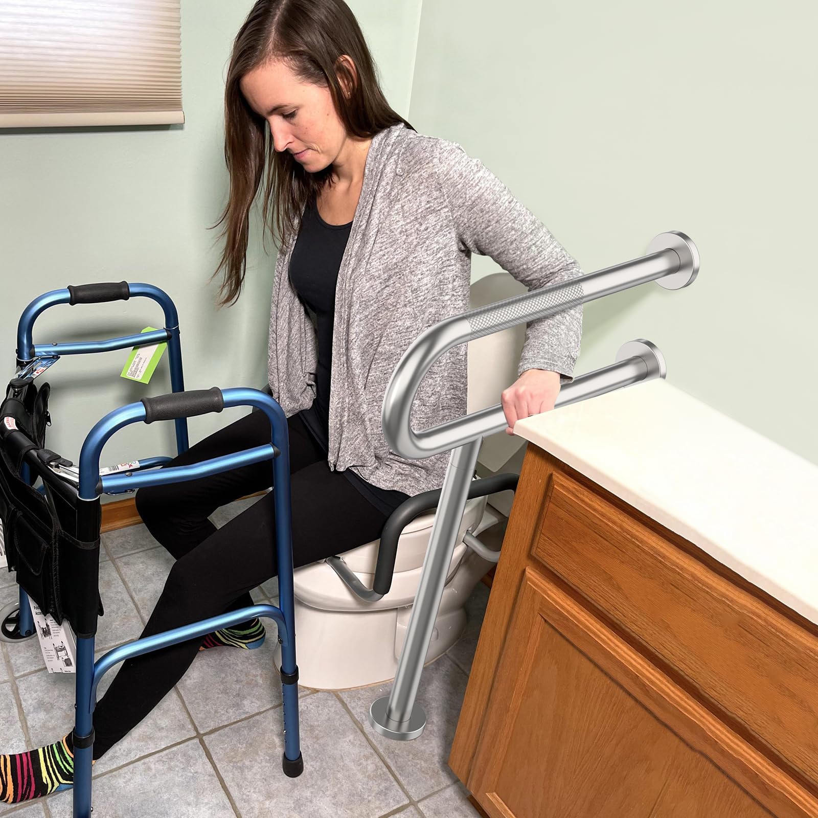 Toilet Support Rail 23.4X 28 Inch, Munzong Anti-Slip Satin Brushed Nickel Handicap Grab Bar for Bathroom, Stainless Steel Knurled Safety handrails with Leg for Elderly Disabled Pregnant-1.25â€™Tube