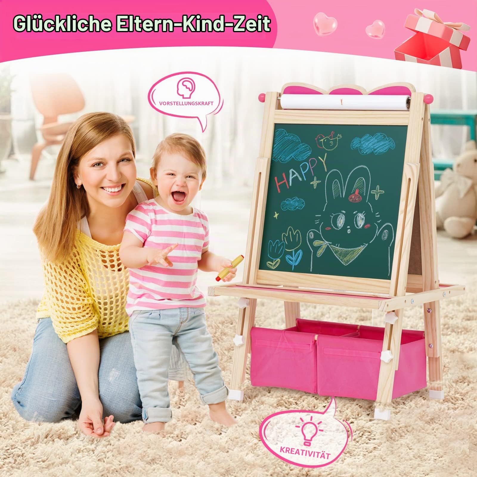 Kinderstaffelei aus Holz, Staffelei Kinder ab 3 Jahren. Kindertafel Höhenverstellbar mit Papierrolle, Kreidetafel, Whiteboard, Malset und Aufbewahrungstasche. Standtafel Kinder Rosa