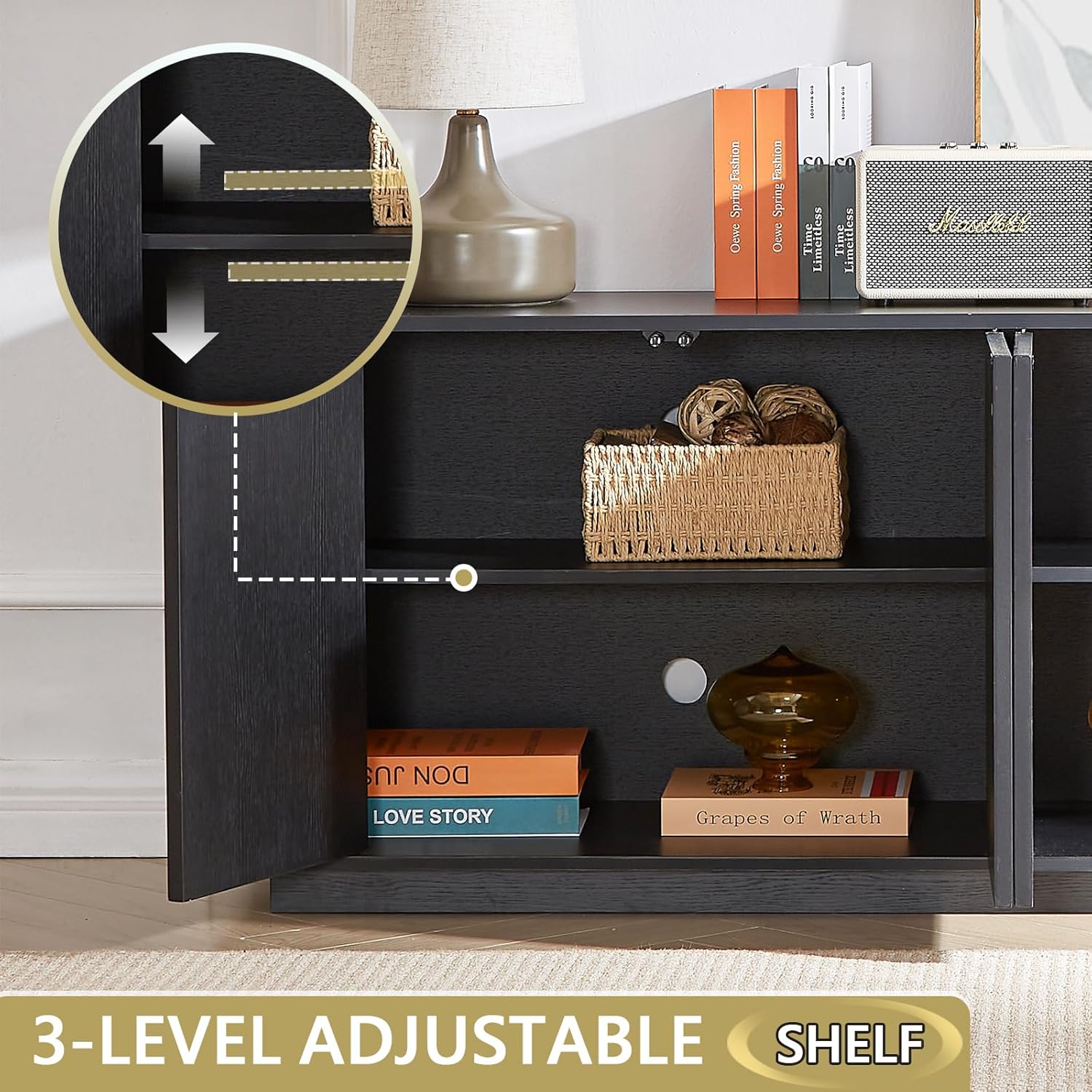 Fluted Black TV Stand for 75'' TV, Mid Century Modern TV Console for Living Room,Entertainment Center Television Stand,Curved Profile Design, Media Console for Bedroom