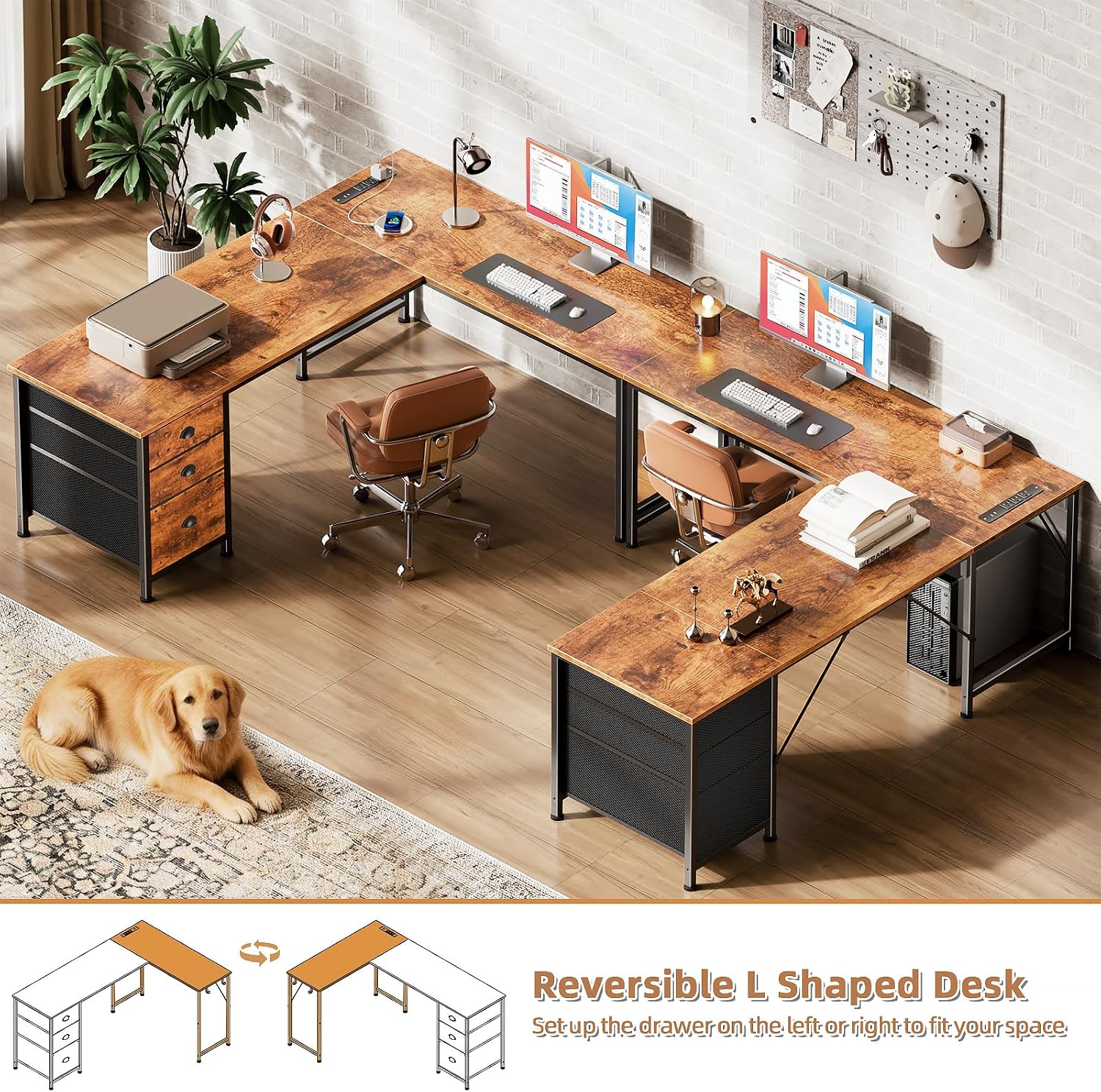 Furologee 63" L Shaped Computer Desk with Power Outlet & USB-C Port, Reversible Home Office Desk with 2 Fabric Drawers, File Cabinet, Hooks, Large Corner Table for Gaming, Writing, Work, Rustic Brown