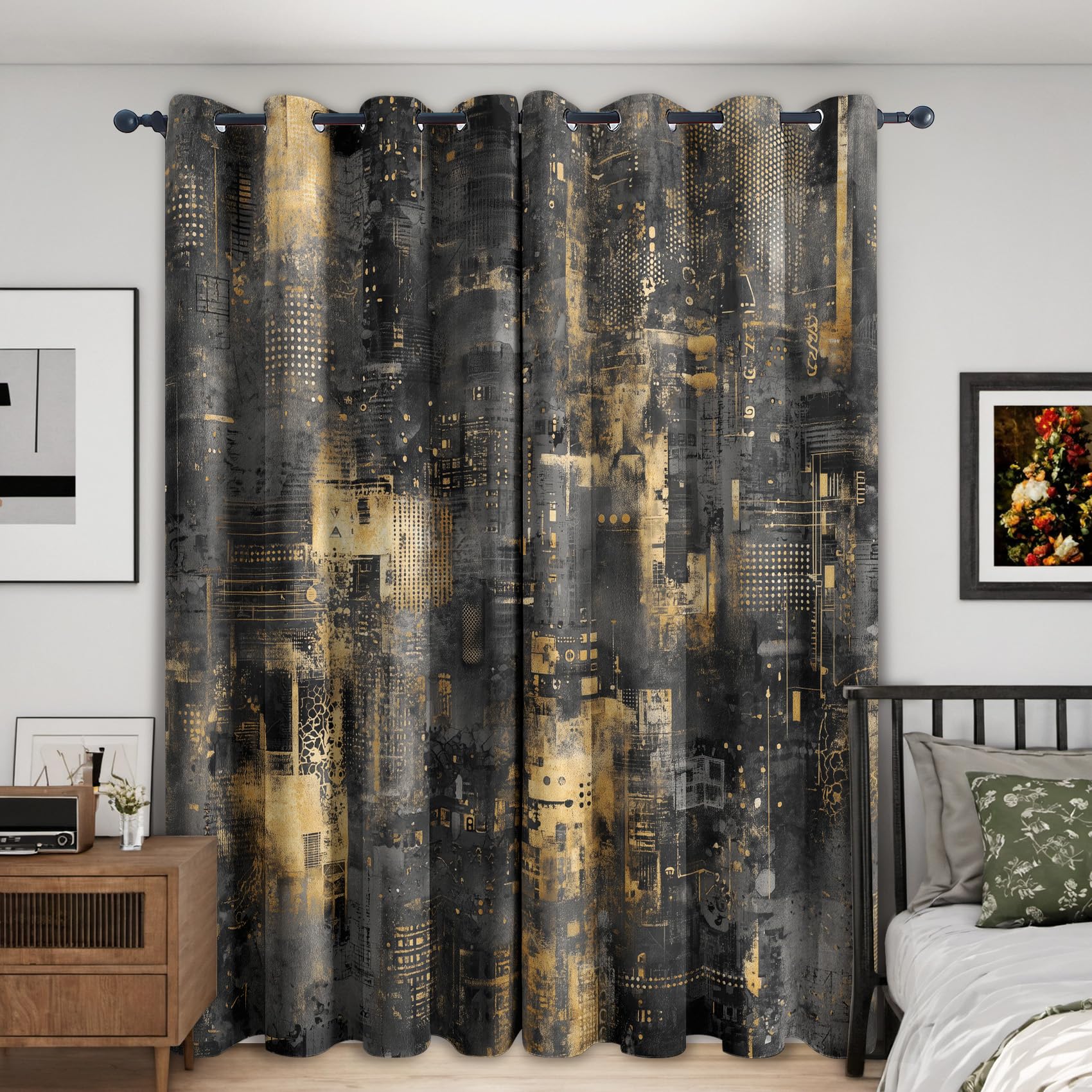Black Abstract Blackout Curtains, Modern Contemporary Curtains for Bedroom Living Room, 66x90 Inch Drapes, Eyelet Thermal Window Treatments, 2 Panels O182