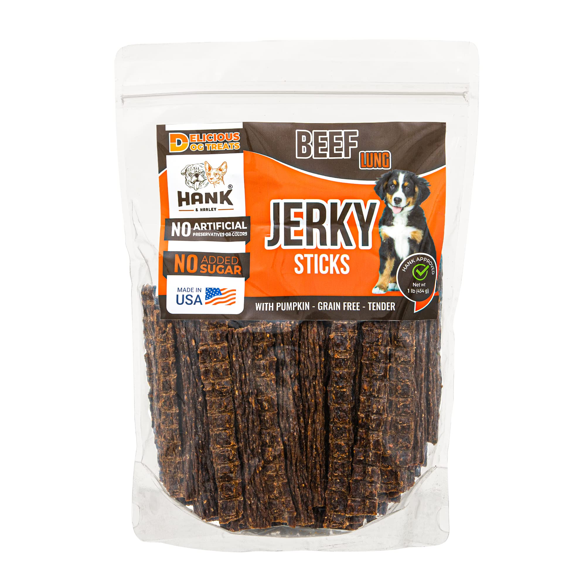 Hank & Harley Jerky Sticks Beef Lung 1 lb - USA Lean Protein Soft Dog Treats with Pumpkin. 100% Natural, NO Added Sugar, Flour or fillers. Ideal for