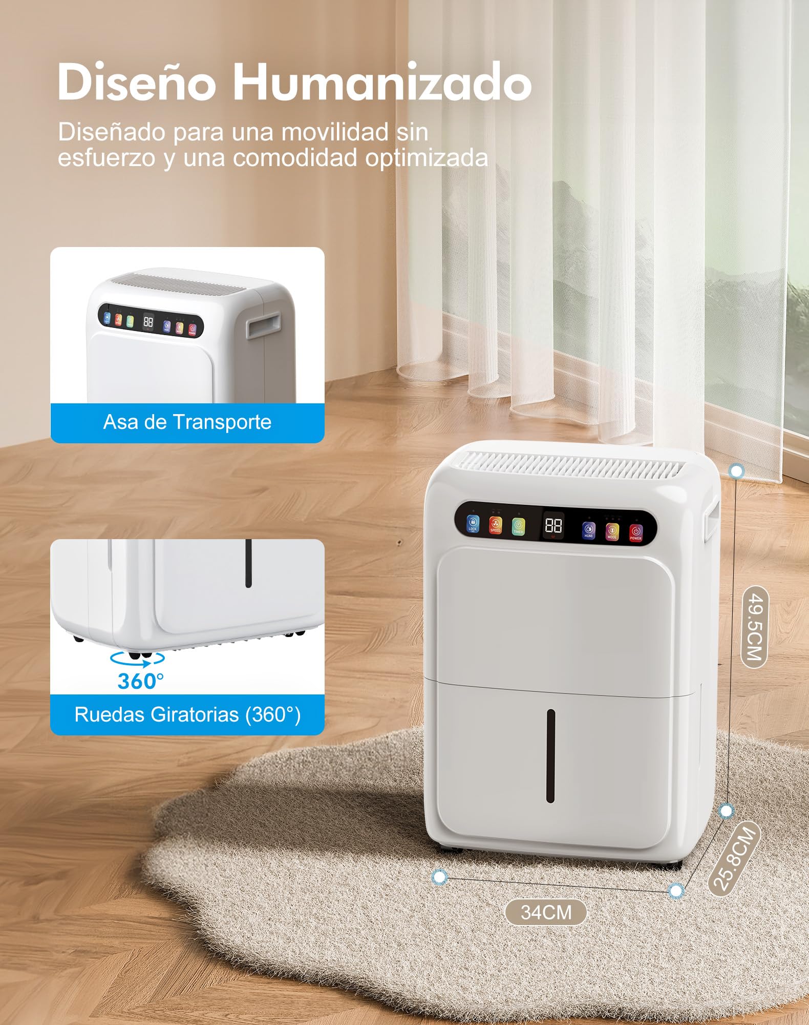 Deshumificadores de Humedad, Deshumidificador 20L, Tanque de Agua de 6L, Modo Secado de Ropa, Pantalla Digital, Sensor Automático de Humedad, Temporizador de 24H