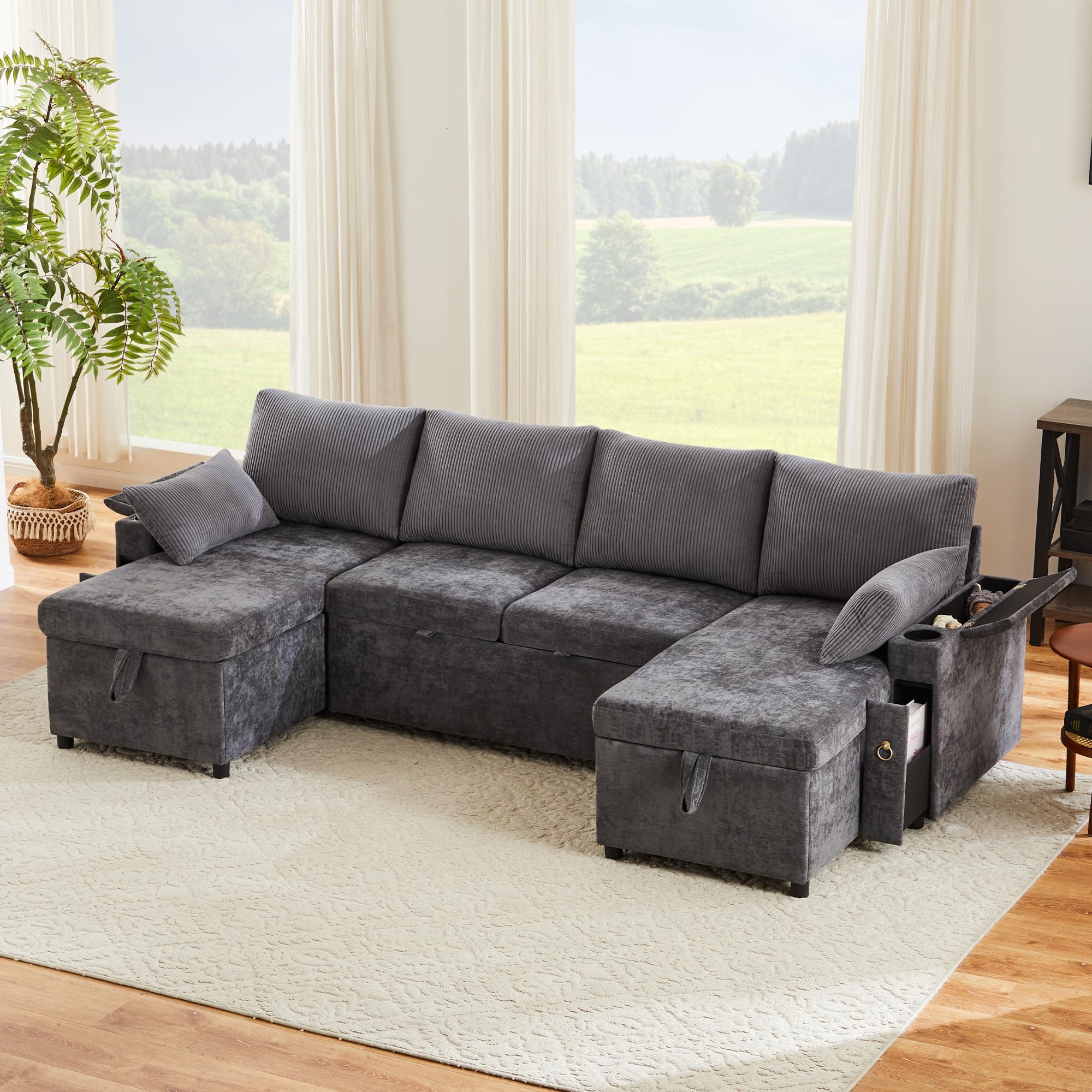 Kebnor Sofá cama de cuatro plazas en forma de U con soporte para bebidas, sofá de esquina con espacio de almacenamiento y función de descanso. Incluye soporte para bebidas y almohadas. Sofá