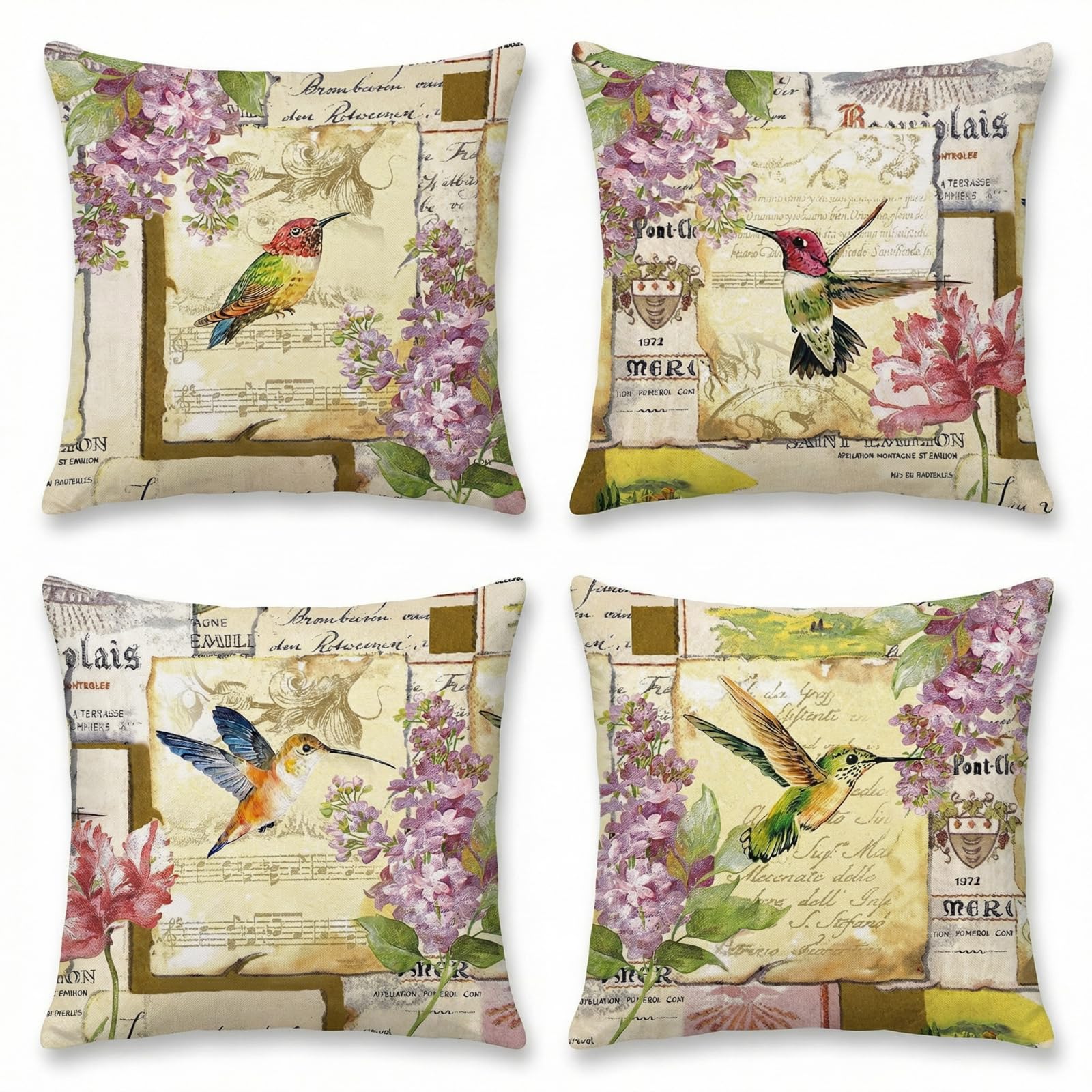 BREASOME Cushion Covers 45 x 45 cm Set of 4 Floral and Birds Cushion Covers Linen Decorative Square Throw Pillow Cases for Sofa Couch Bedroom Living Room