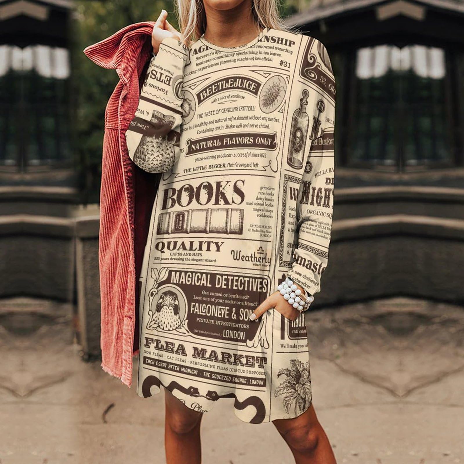 Newspaper Women's Long Sleeve Crewneck Sweatshirt Dress Pullover T-Shirt Dress with Pockets 4XL